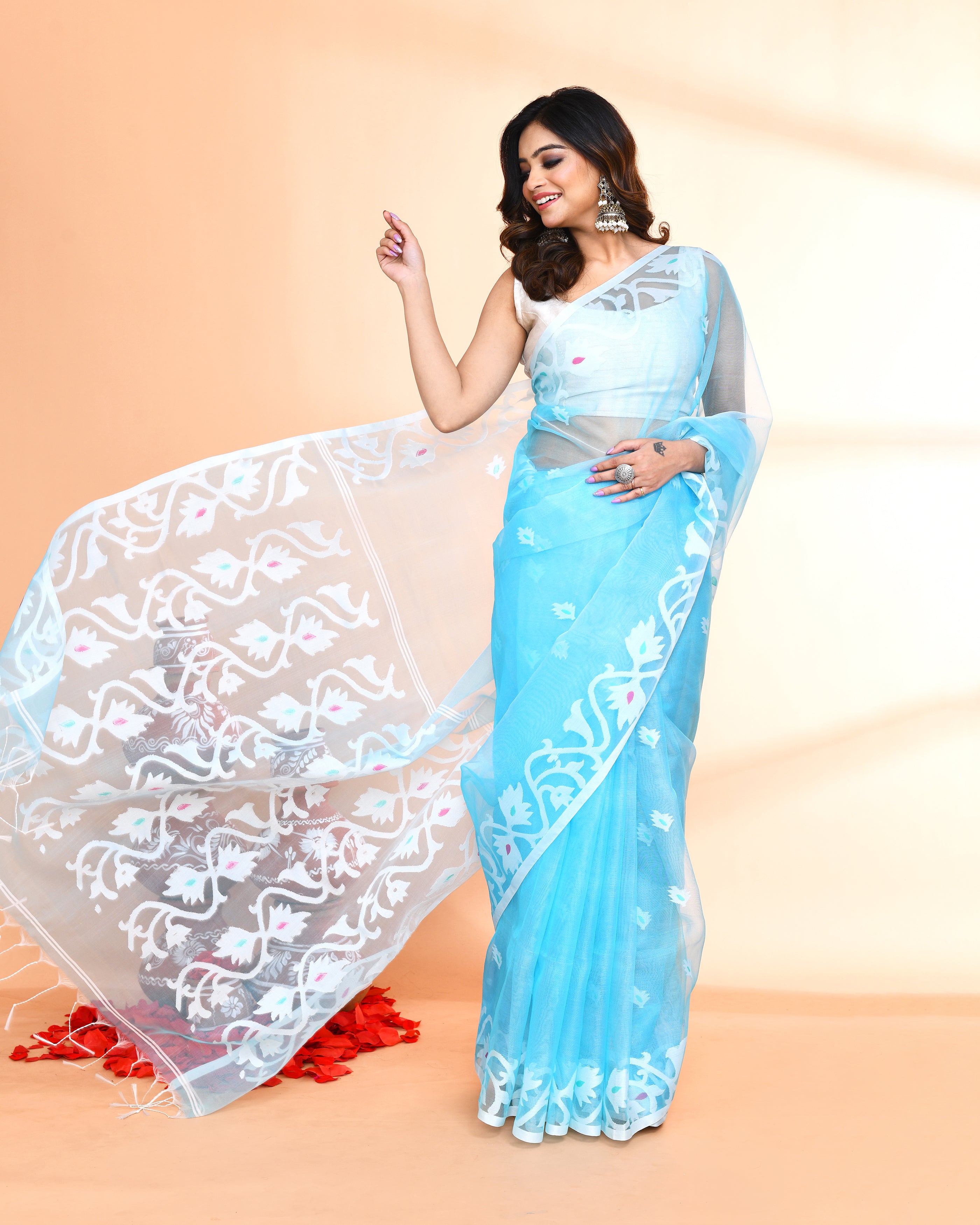 Aqua Art Silk Jamdani Saree with Hand Work Blouse