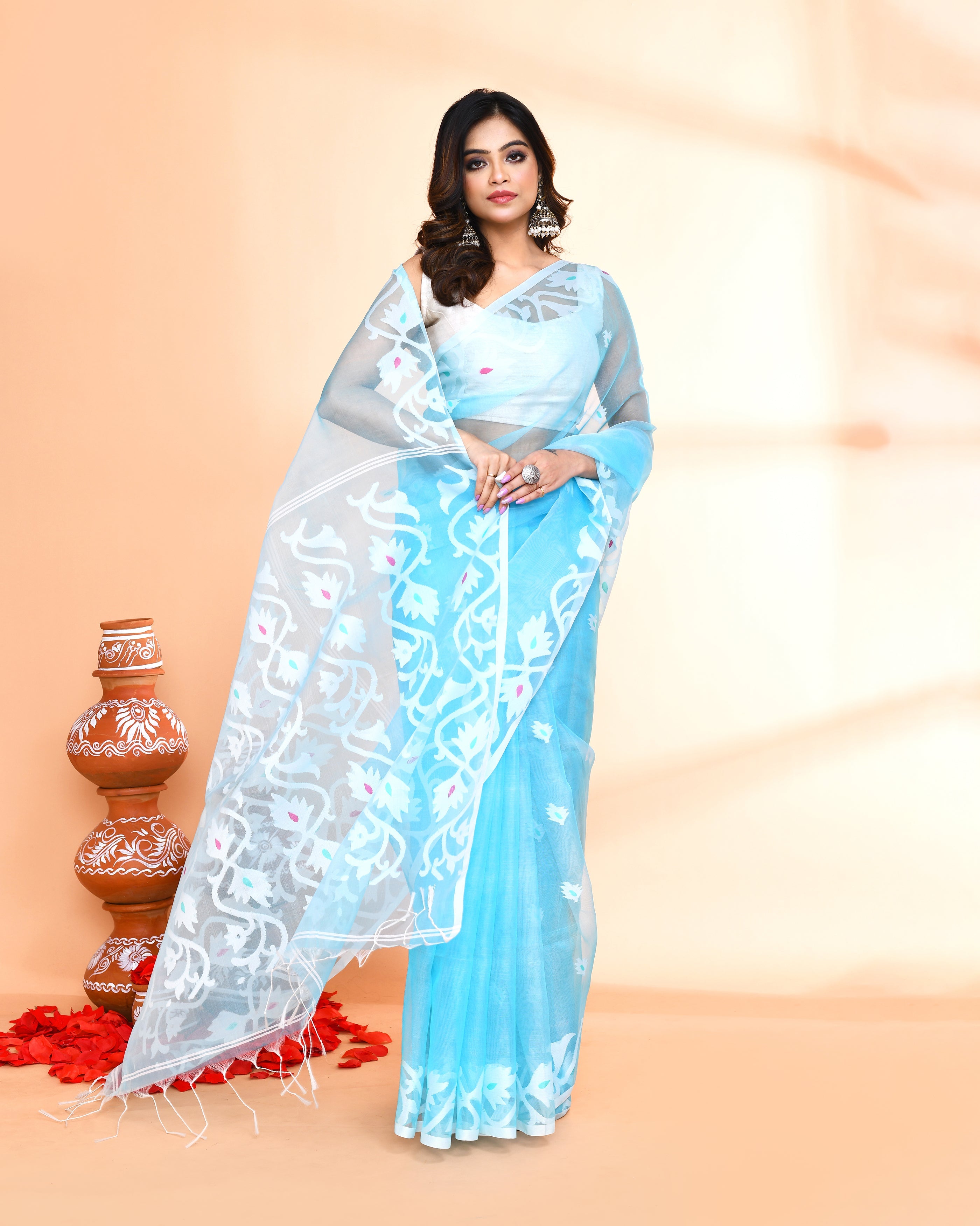 Aqua Art Silk Jamdani Saree with Hand Work Blouse