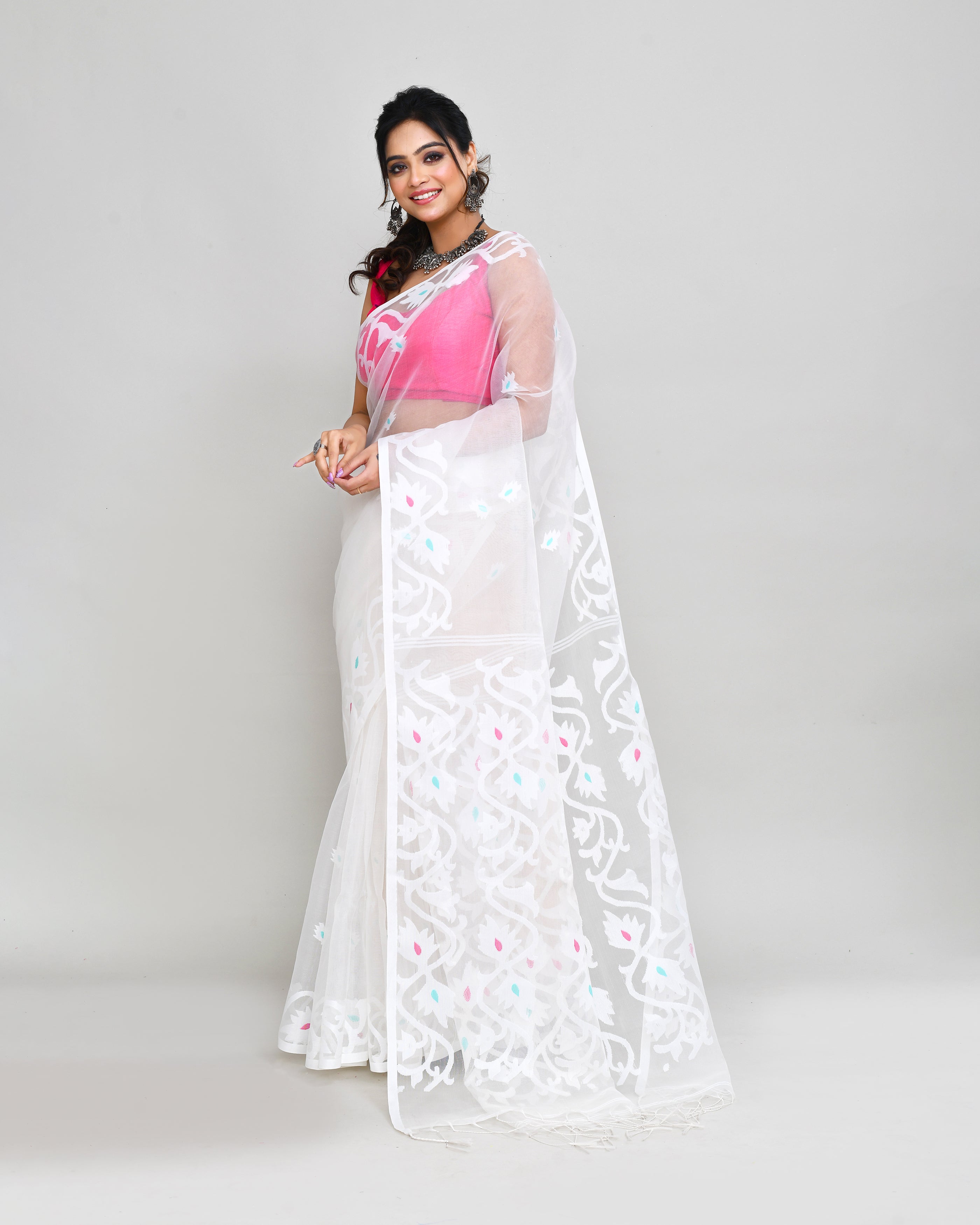White Hand Work Art Silk Jamdani Saree with Matching Blouse