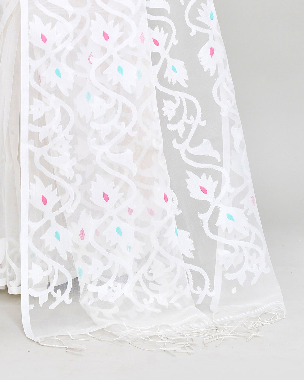 White Hand Work Art Silk Jamdani Saree with Matching Blouse