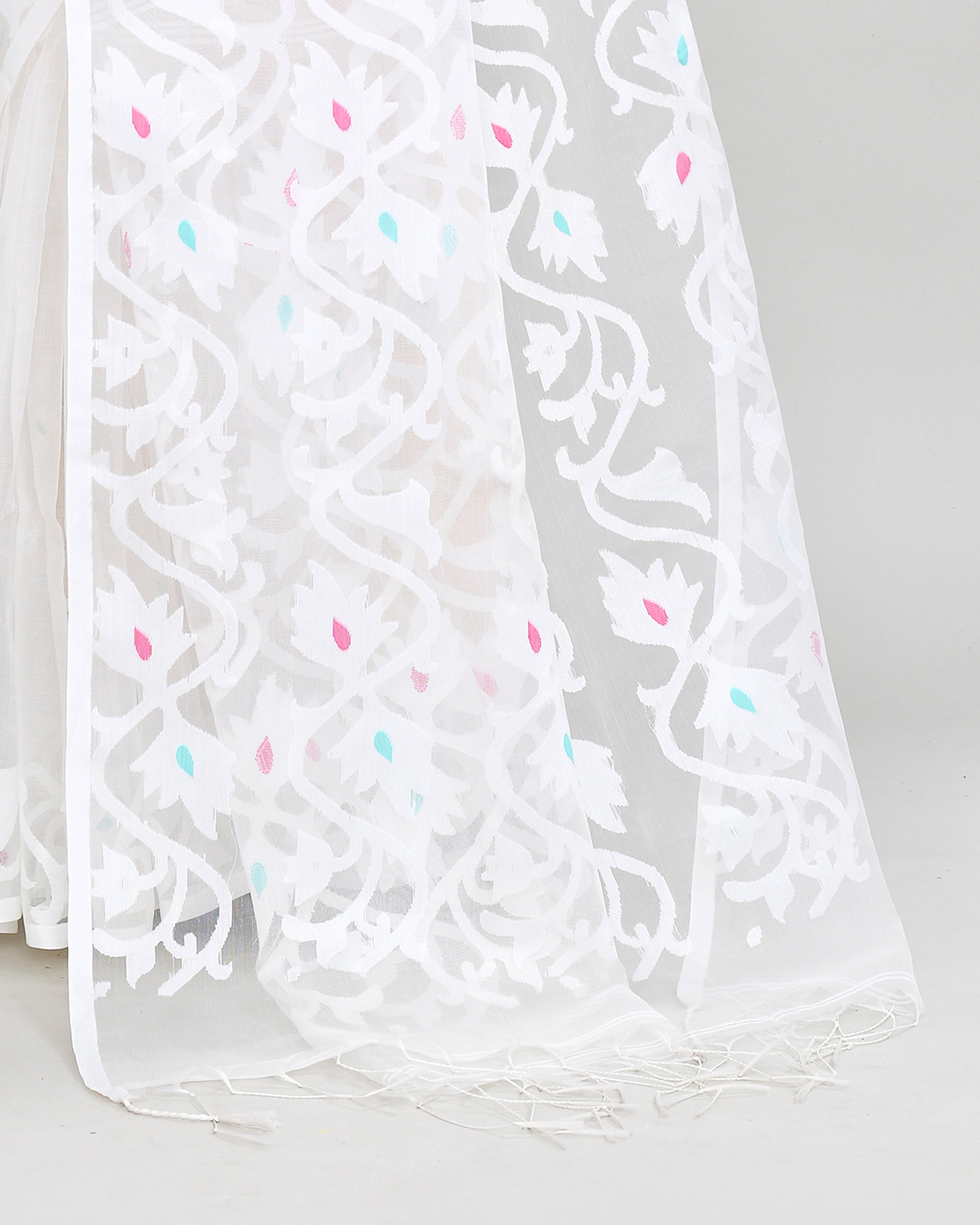 White Hand Work Art Silk Jamdani Saree with Matching Blouse