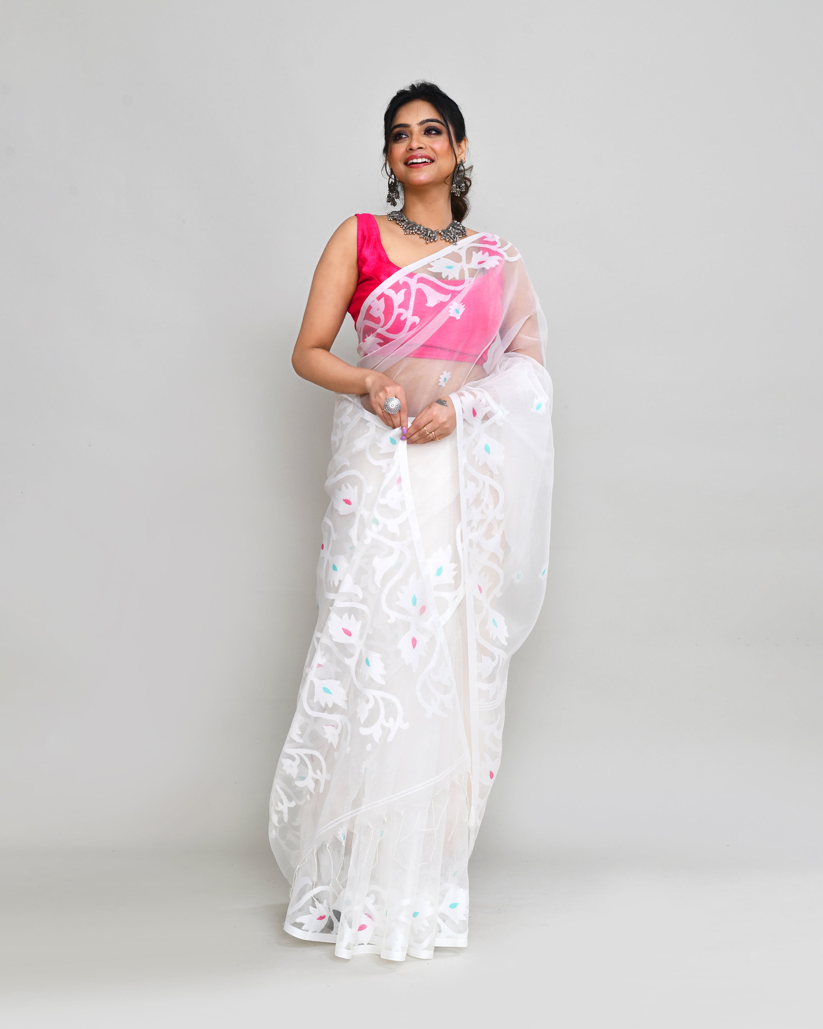 White Hand Work Art Silk Jamdani Saree with Matching Blouse