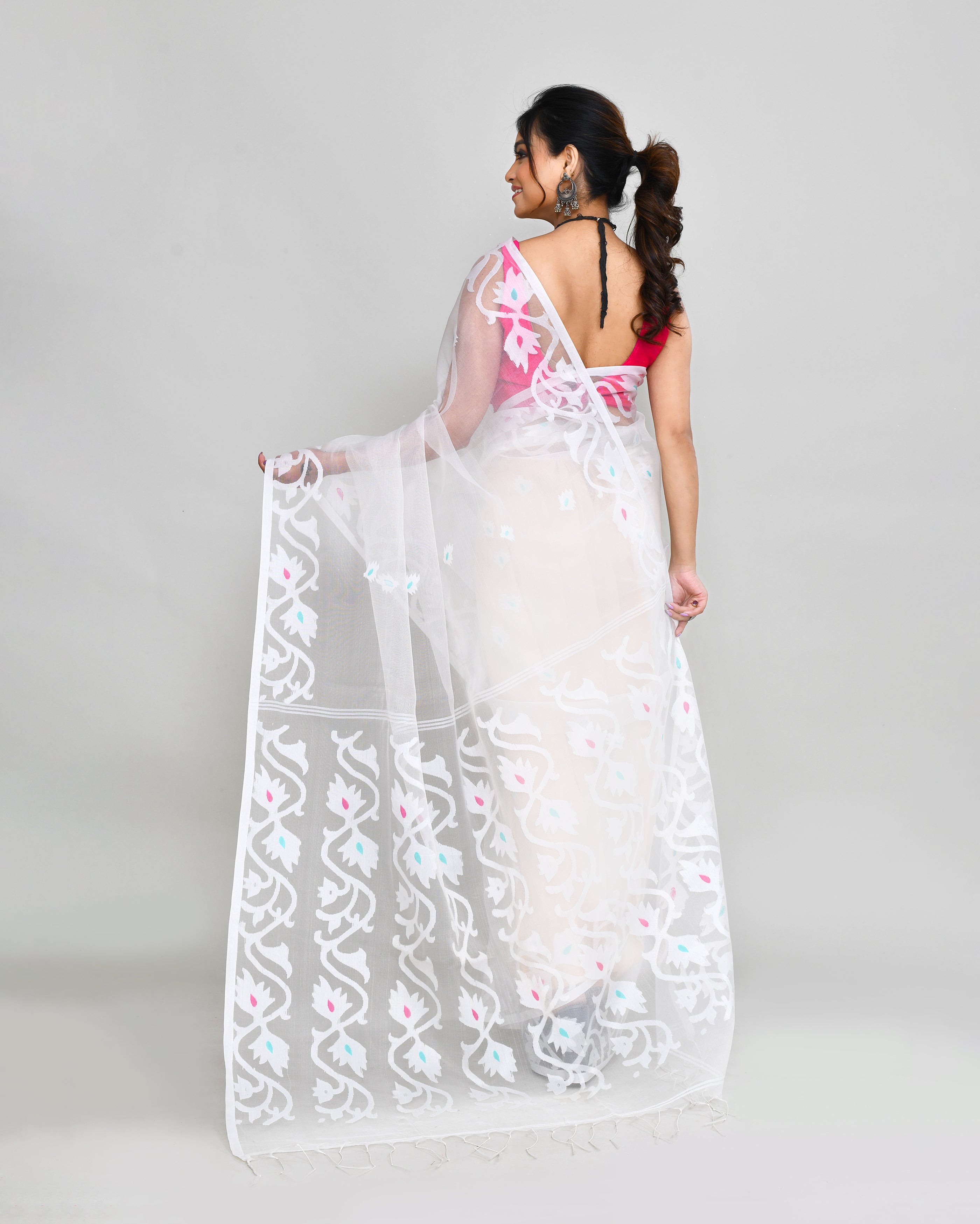 White Hand Work Art Silk Jamdani Saree with Matching Blouse
