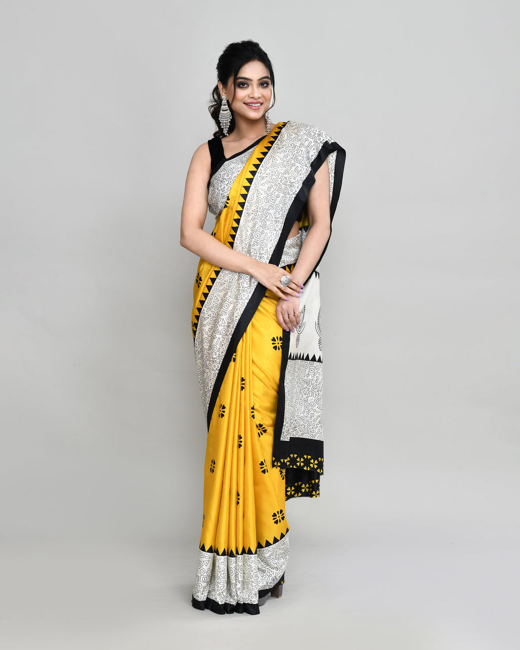 Golden Printed Silk Blend Saree with Matching Blouse