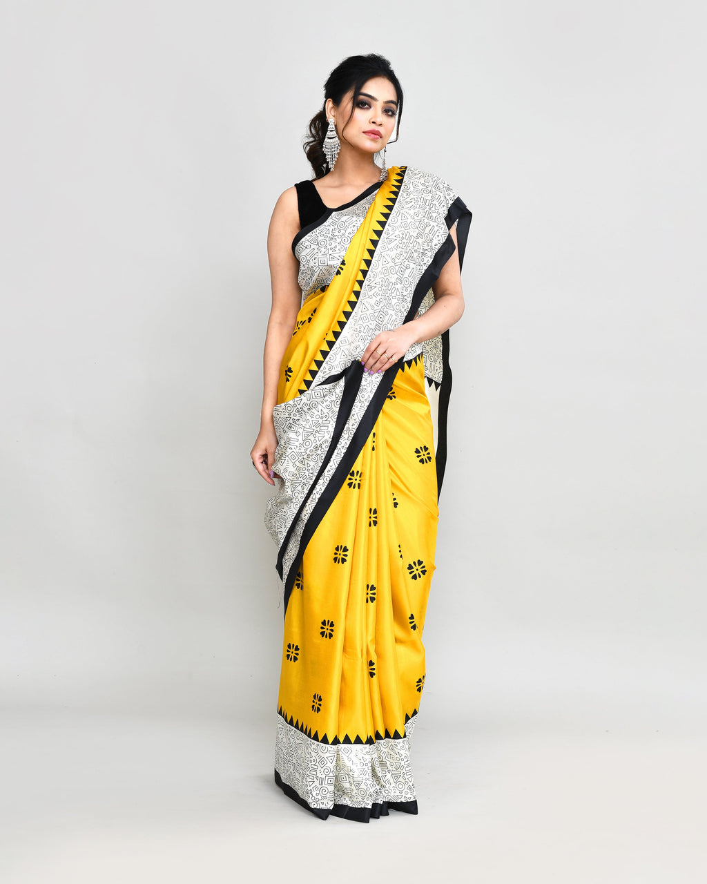 Golden Printed Silk Blend Saree with Matching Blouse