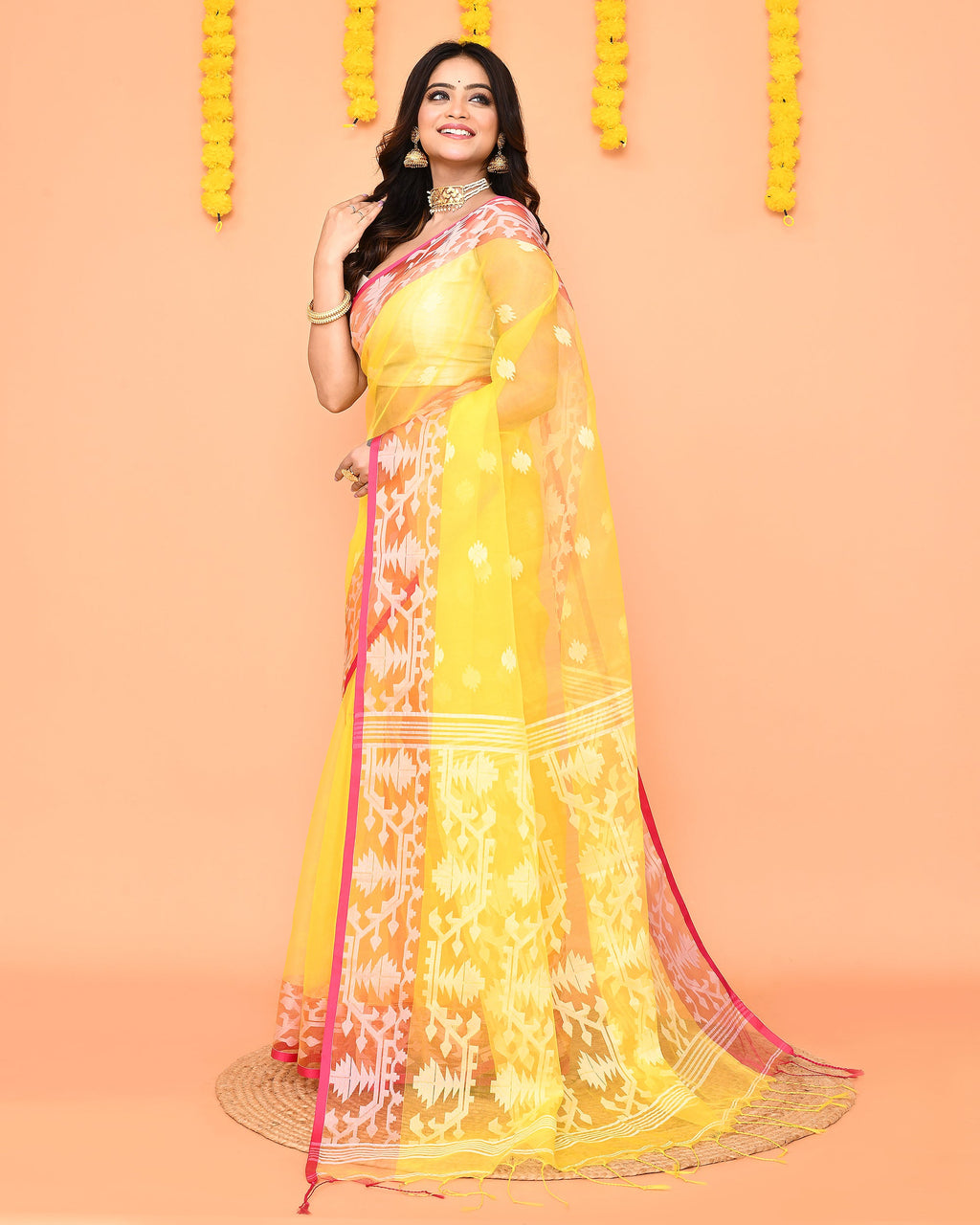 Piyari Fashion Women's Yellow Resham Silk Jamdani Saree
