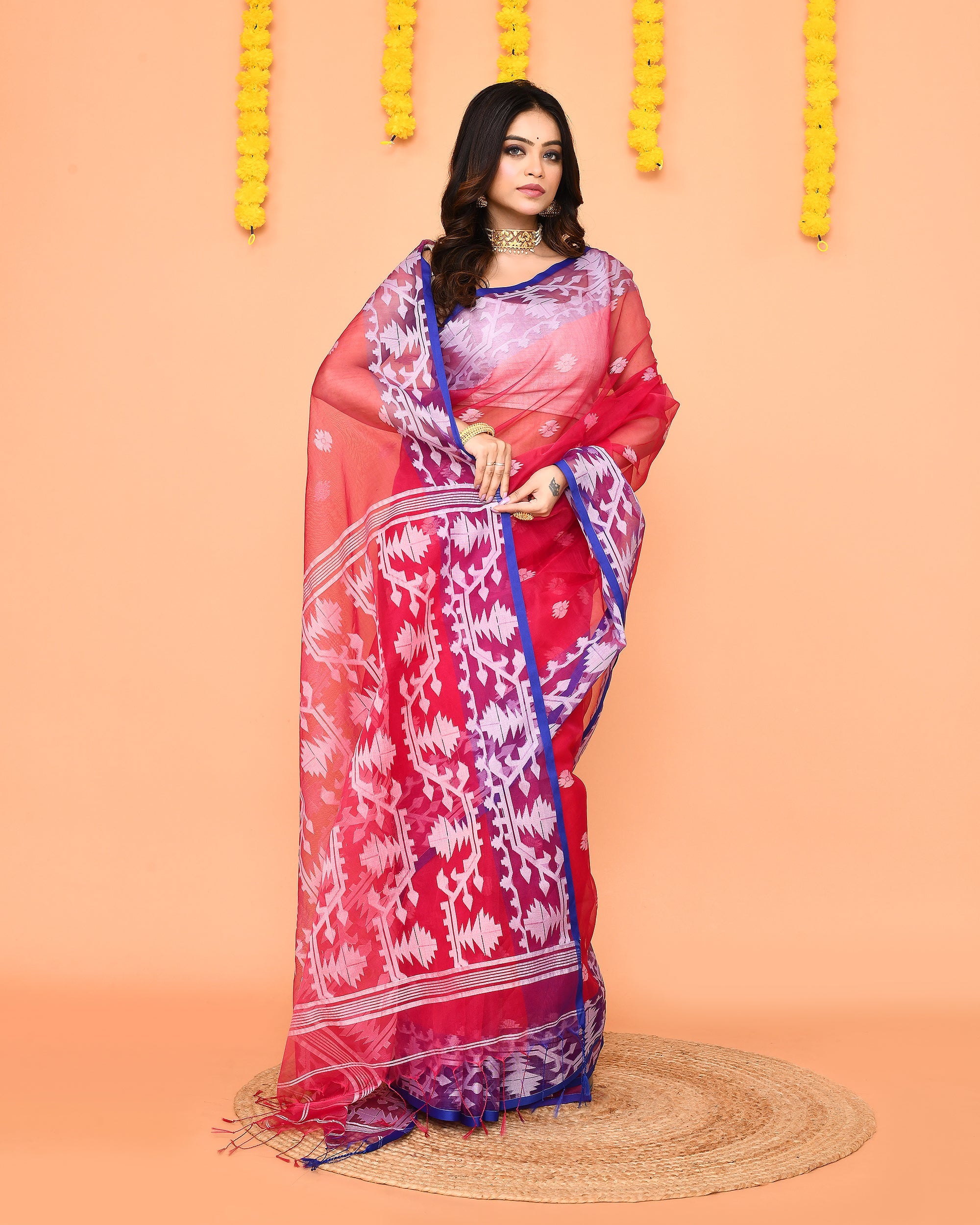 Piyari Fashion Women's Rani Pink Resham Silk Jamdani Saree