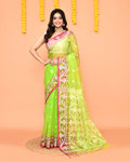 Lime green Resham silk Jamdani saree featuring an intricate vibrant red border.