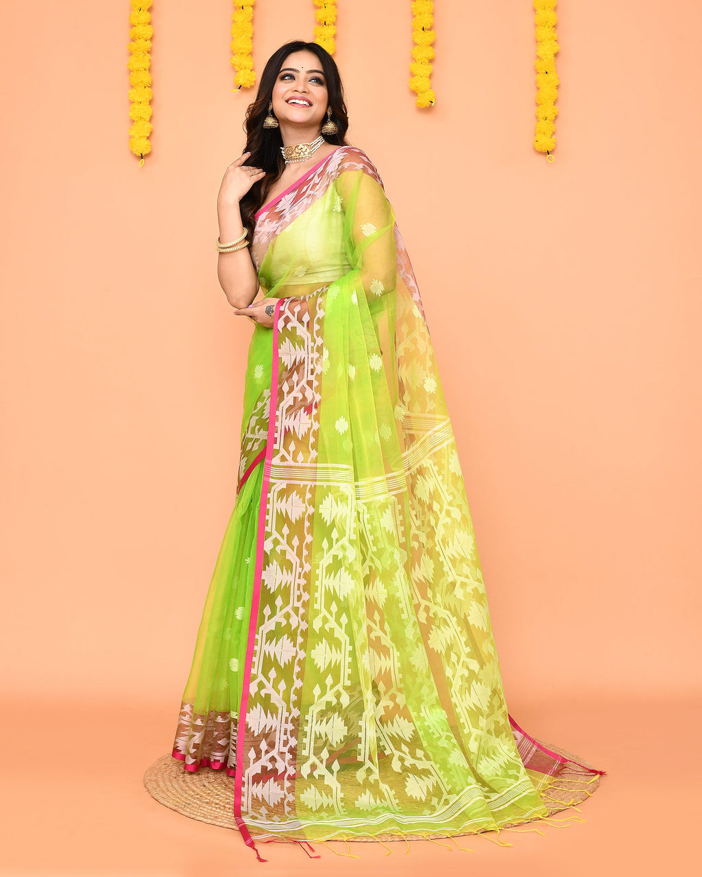 Lime Resham Silk Jamdani Saree with Red Borders