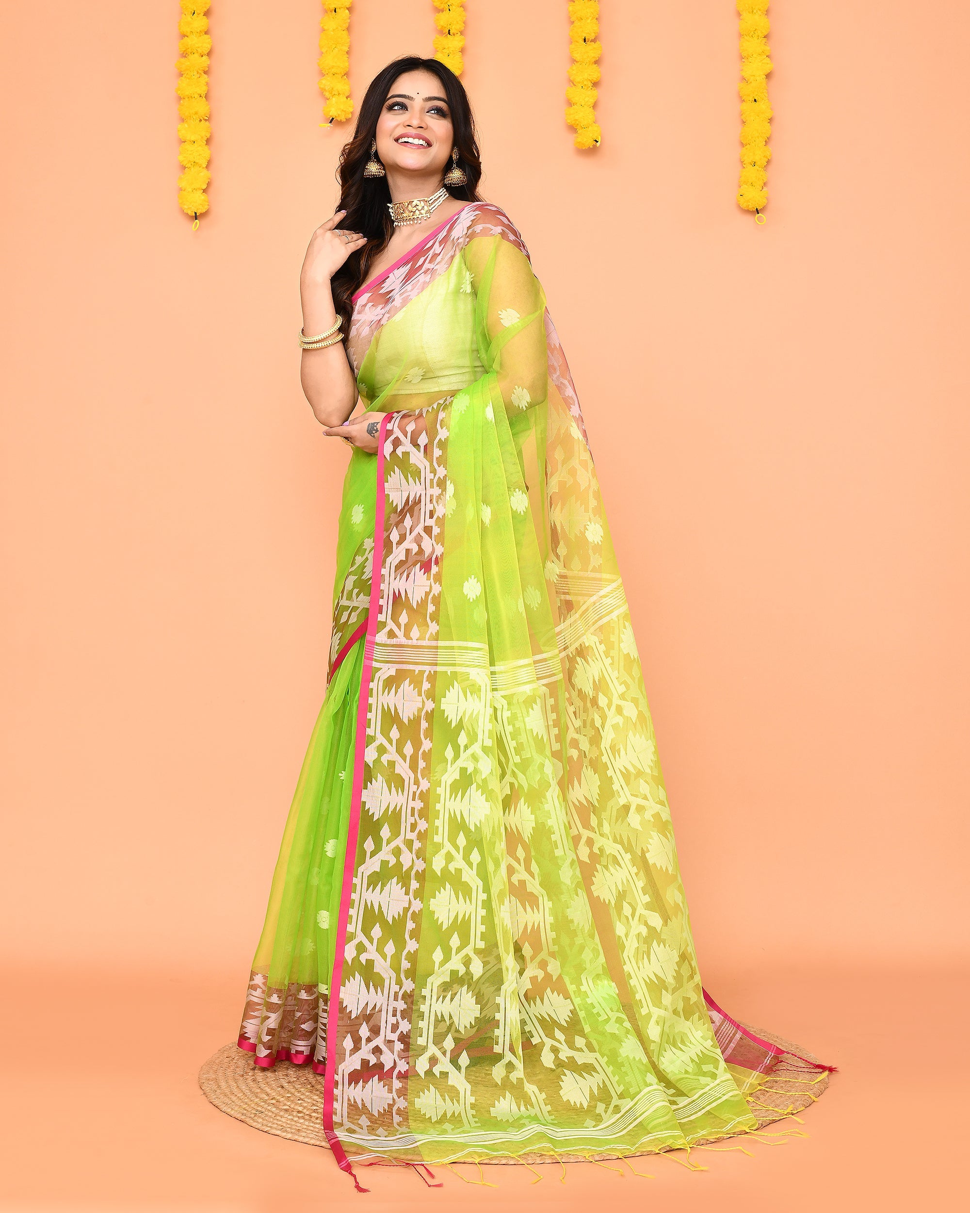 Lime Resham Silk Jamdani Saree with Red Borders