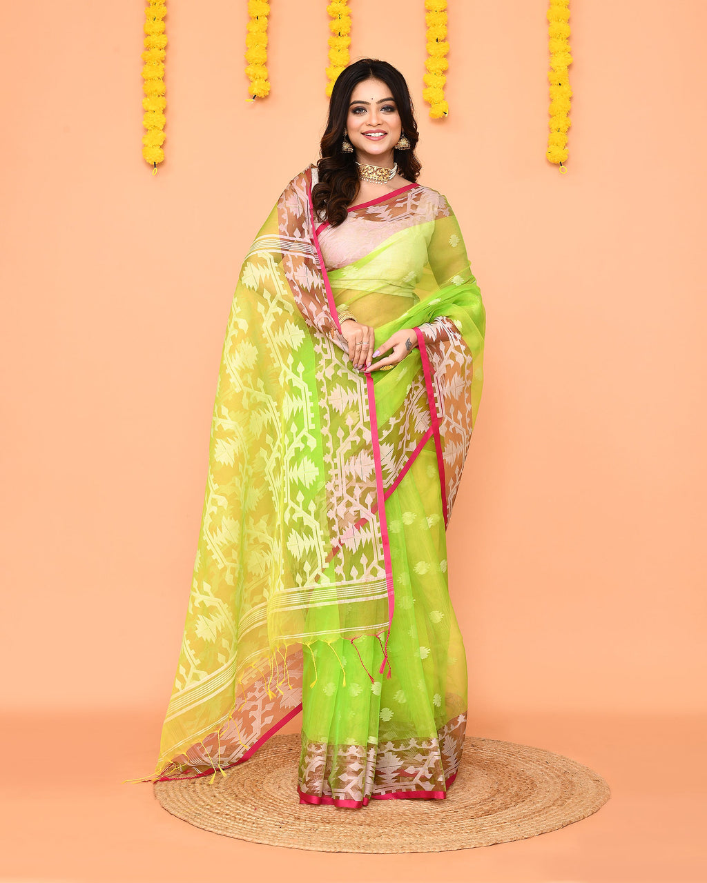 Lime Resham Silk Jamdani Saree with Red Borders