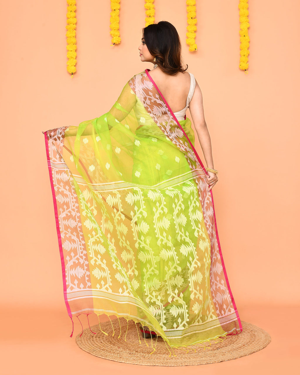 Lime Resham Silk Jamdani Saree with Red Borders