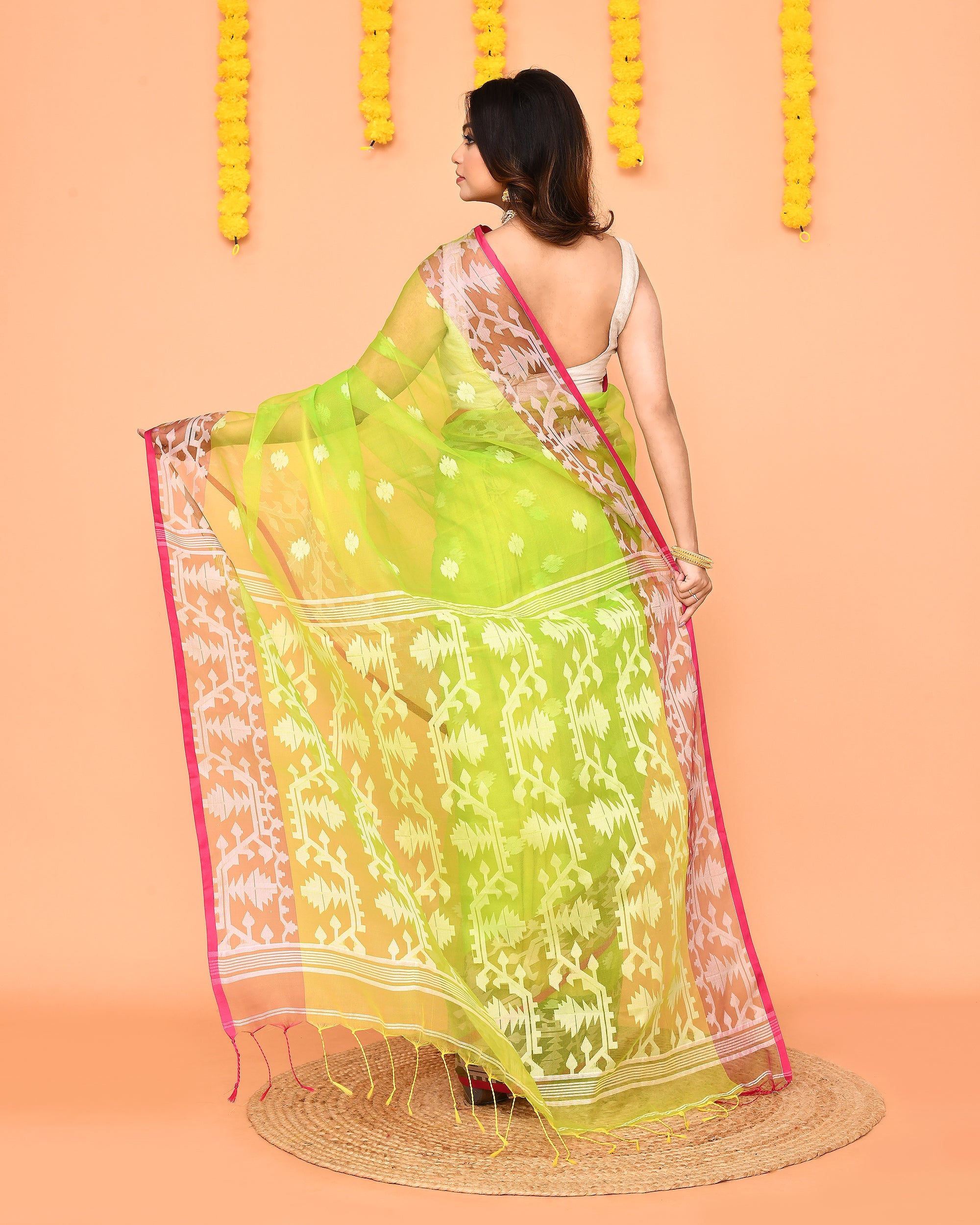 Lime Resham Silk Jamdani Saree with Red Borders