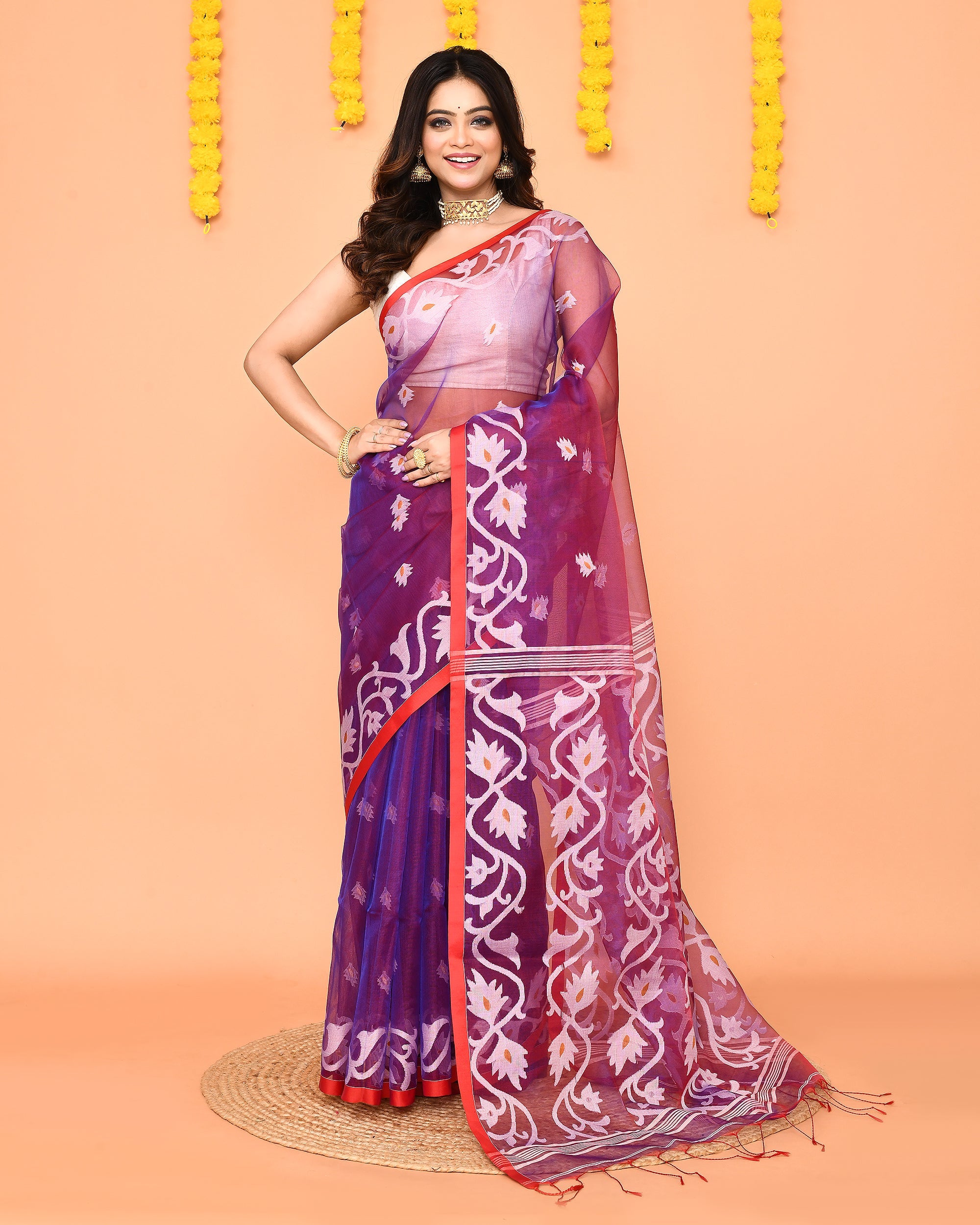 Purple Resham silk Jamdani saree with intricate red floral borders