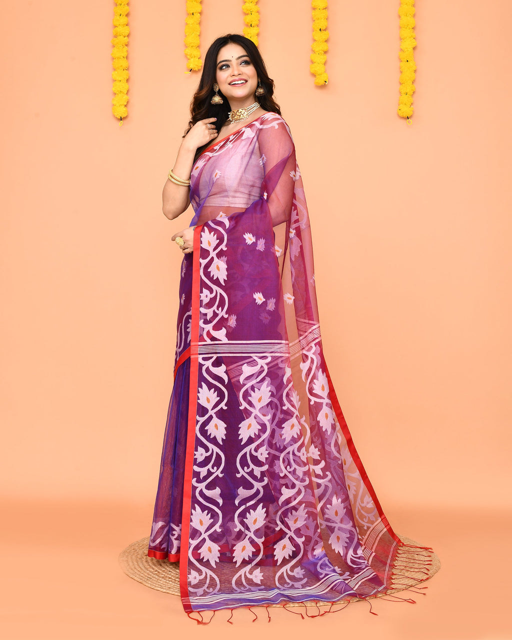 Purple Resham Silk Jamdani Saree with Vibrant Red Borders
