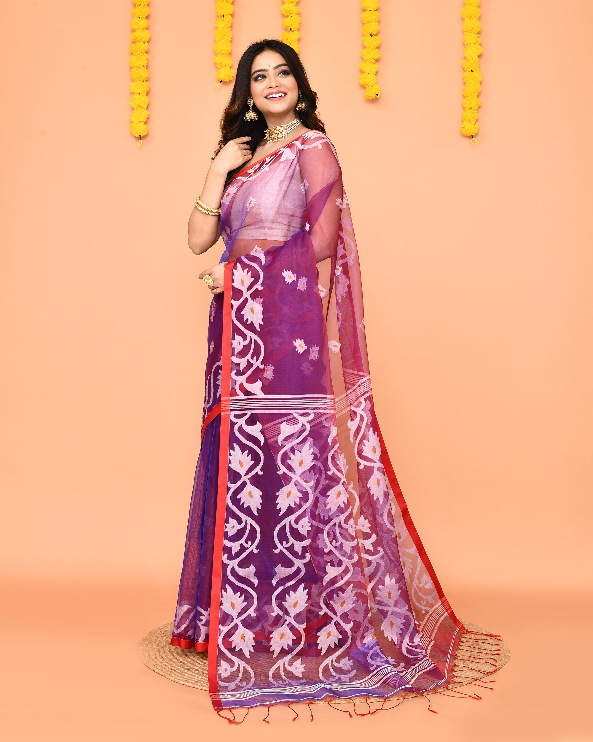 Purple Resham Silk Jamdani Saree with Vibrant Red Borders