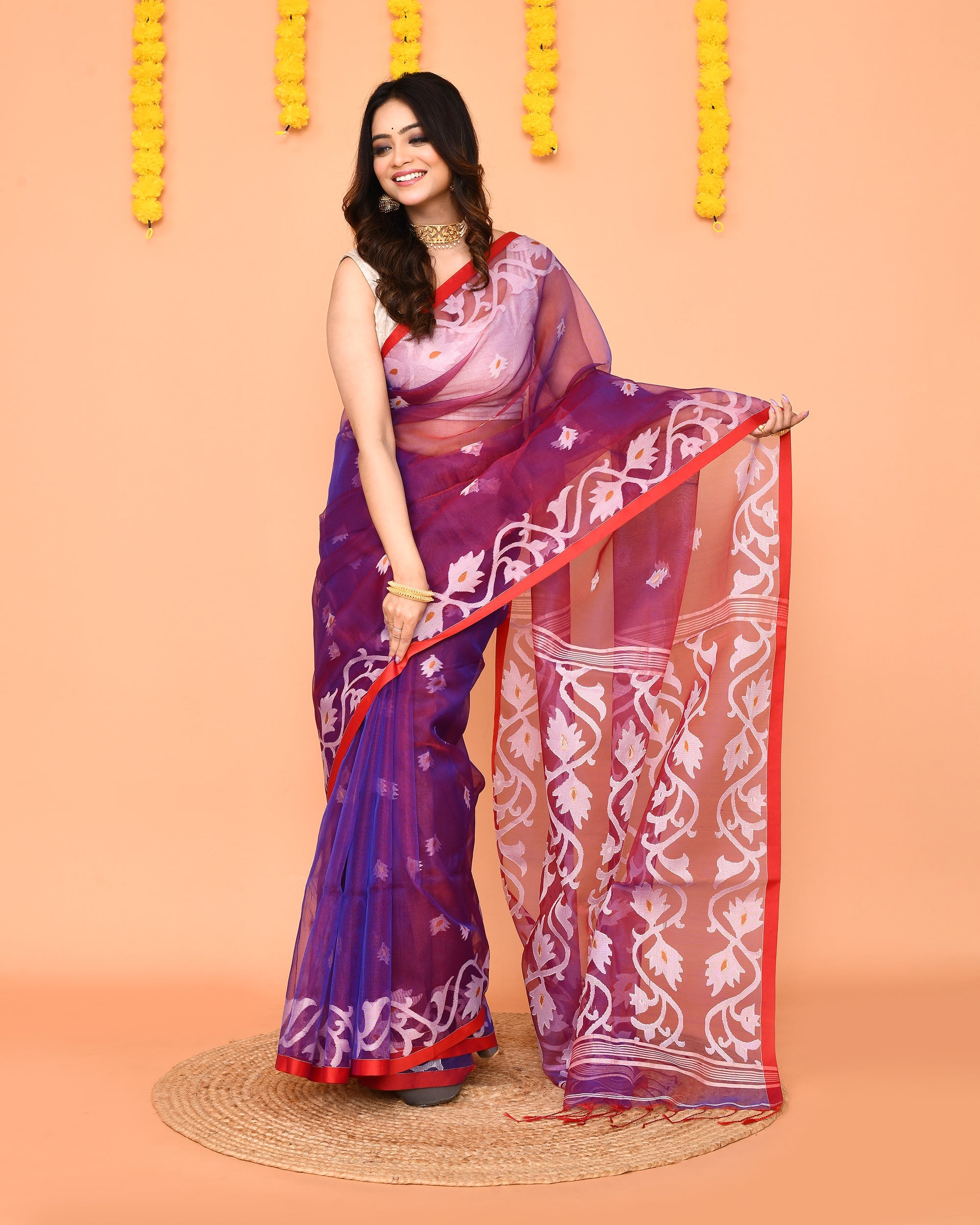 Purple Resham Silk Jamdani Saree with Vibrant Red Borders
