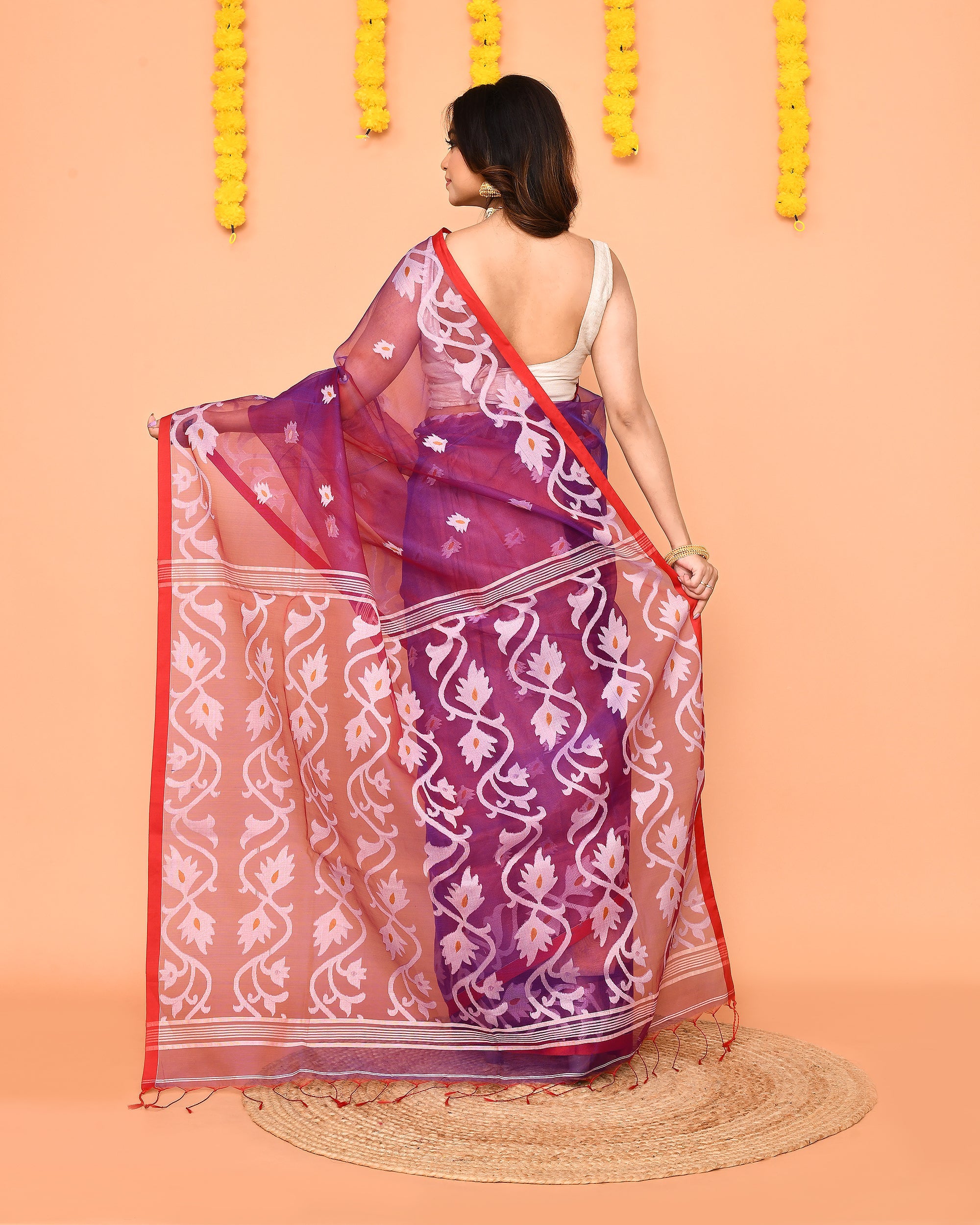 Purple Resham Silk Jamdani Saree with Vibrant Red Borders