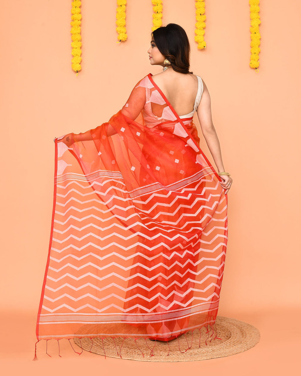 Orange Resham Silk Jamdani Saree