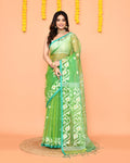 Green Resham silk Jamdani saree with contrasting red border