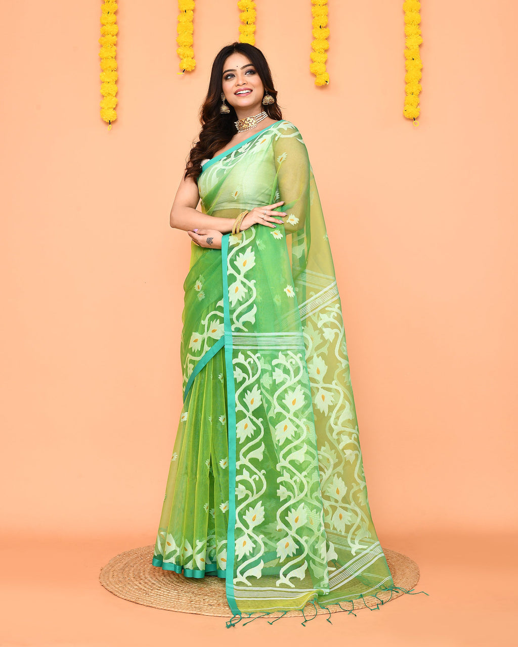 Green Resham Silk Jamdani Saree with Red Border