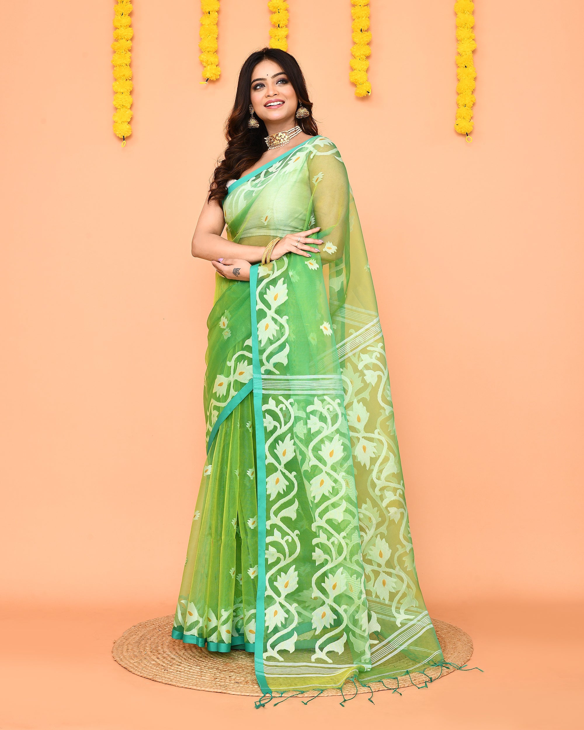 Green Resham Silk Jamdani Saree with Red Border