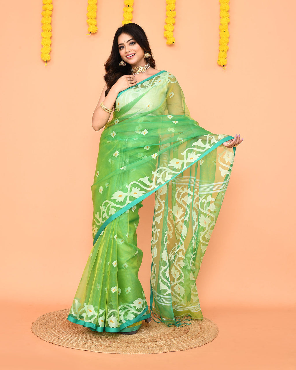 Green Resham Silk Jamdani Saree with Red Border