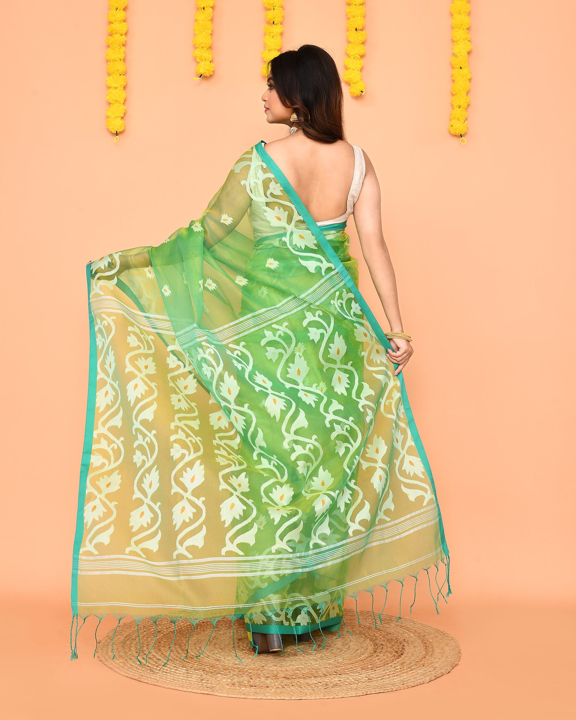 Green Resham Silk Jamdani Saree with Red Border