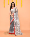 Grey Resham Silk Jamdani Saree with red border detailing