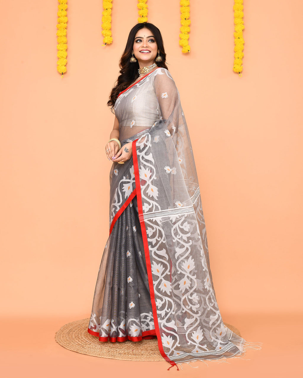 Grey Resham Silk Jamdani Saree with Red Border