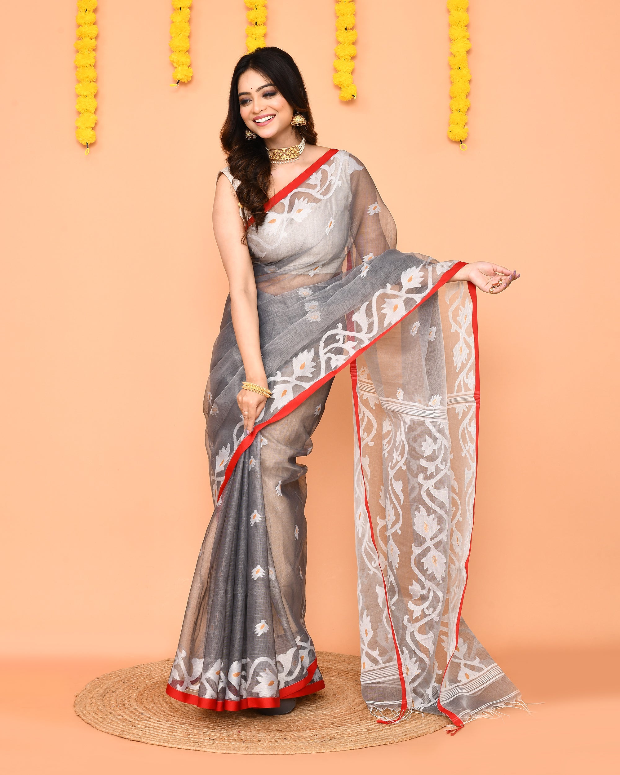 Grey Resham Silk Jamdani Saree with Red Border