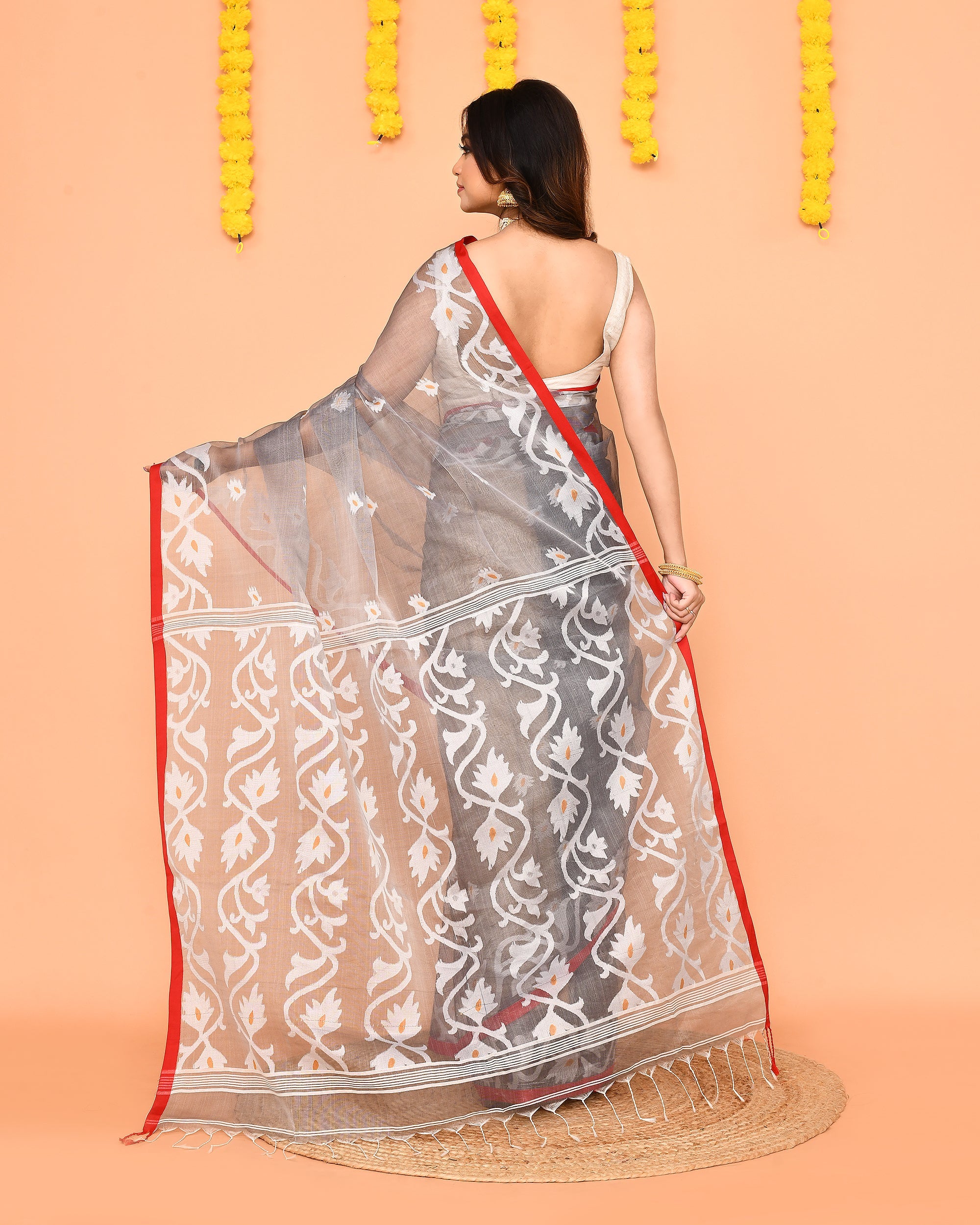 Grey Resham Silk Jamdani Saree with Red Border