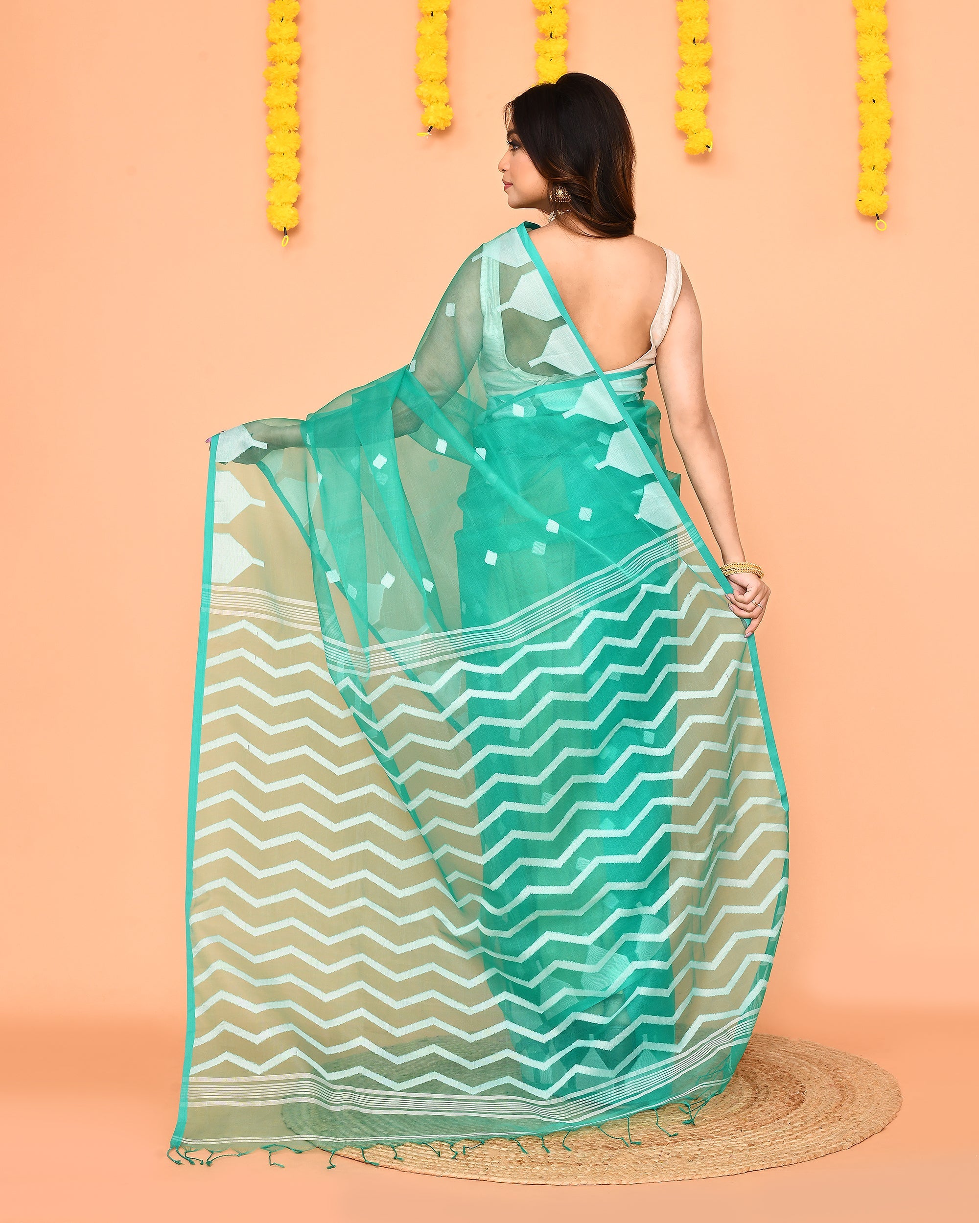 Piyari Fashion Women's Turquoise Resham Silk Jamdani Saree