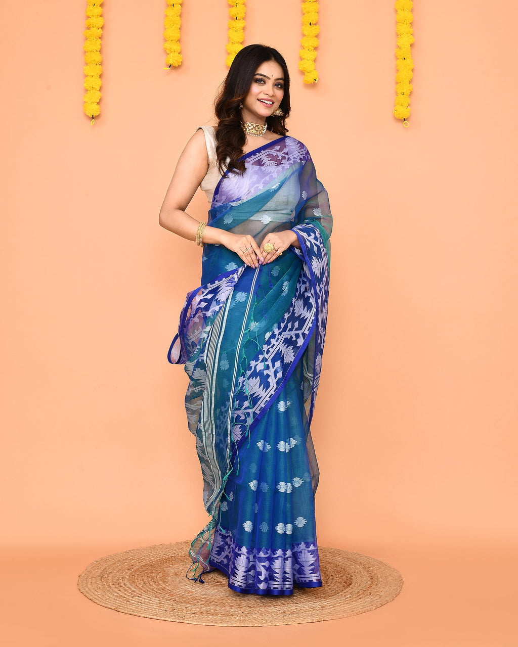 Piyari Fashion Women's Blue Resham Silk Jamdani Saree