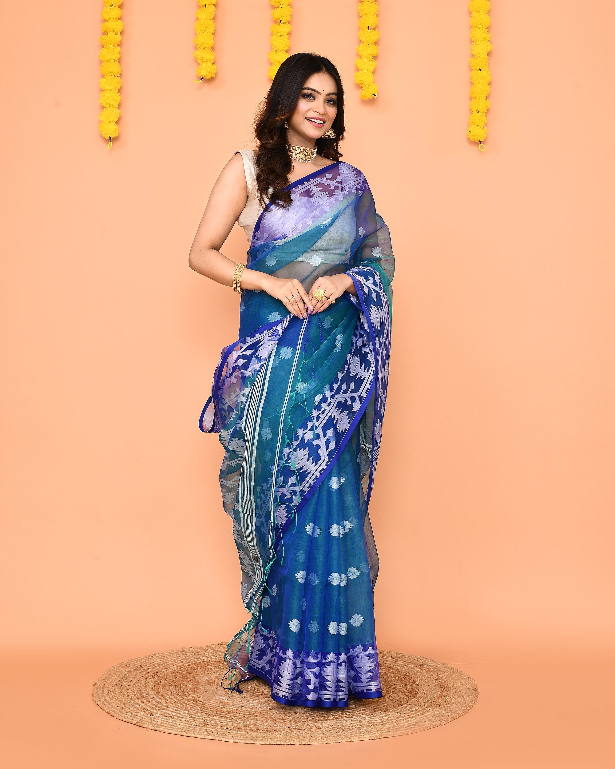 Piyari Fashion Women's Blue Resham Silk Jamdani Saree