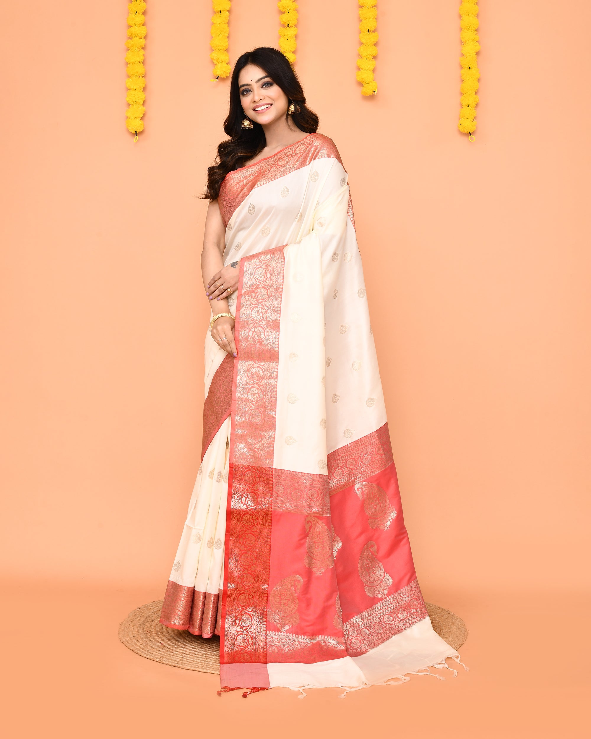 Off White Bangalore Silk Jamdani Saree with Zari Border