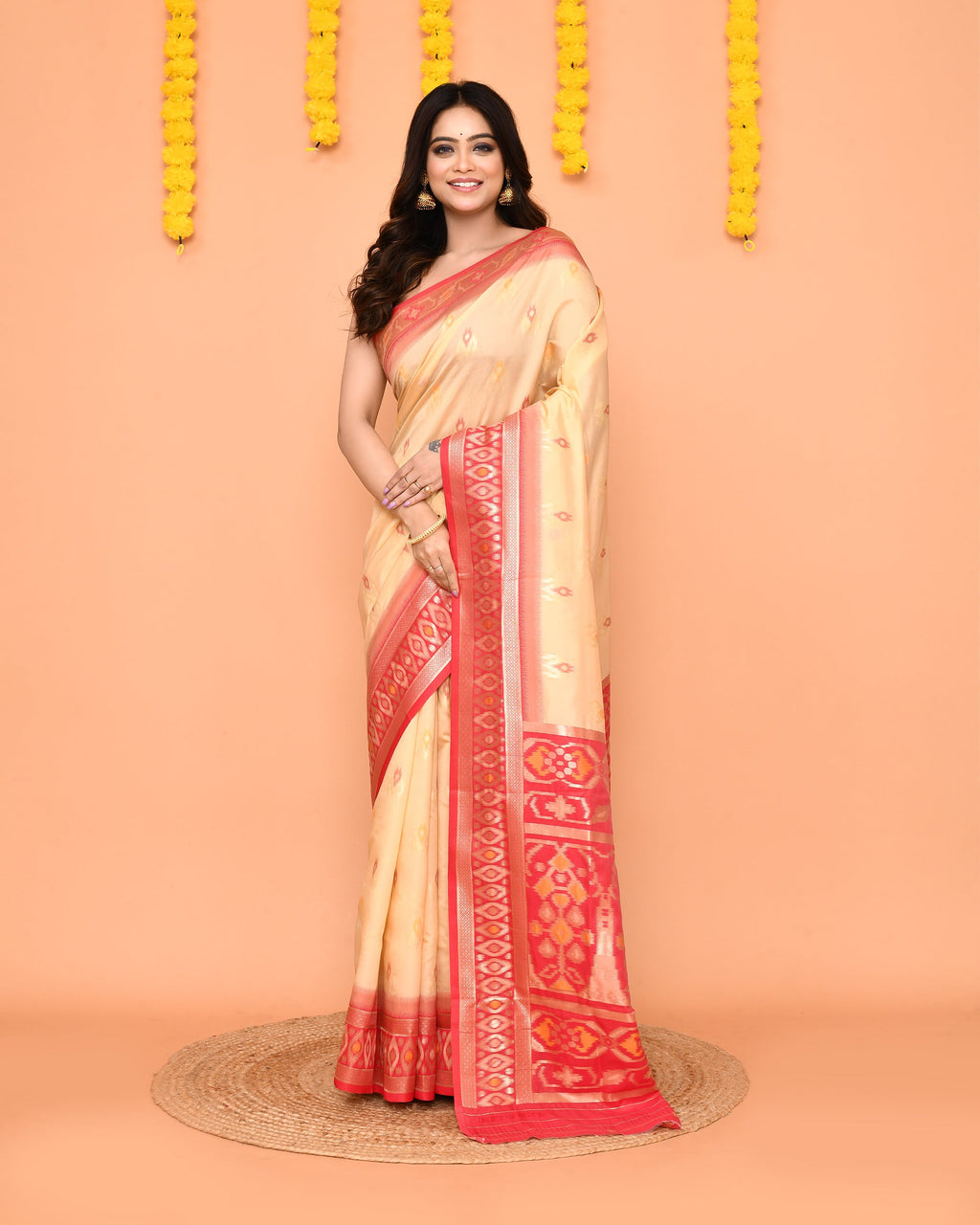 Beige Bangalore silk saree with traditional gold Zari border