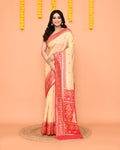 Beige Bangalore silk saree with traditional gold Zari border