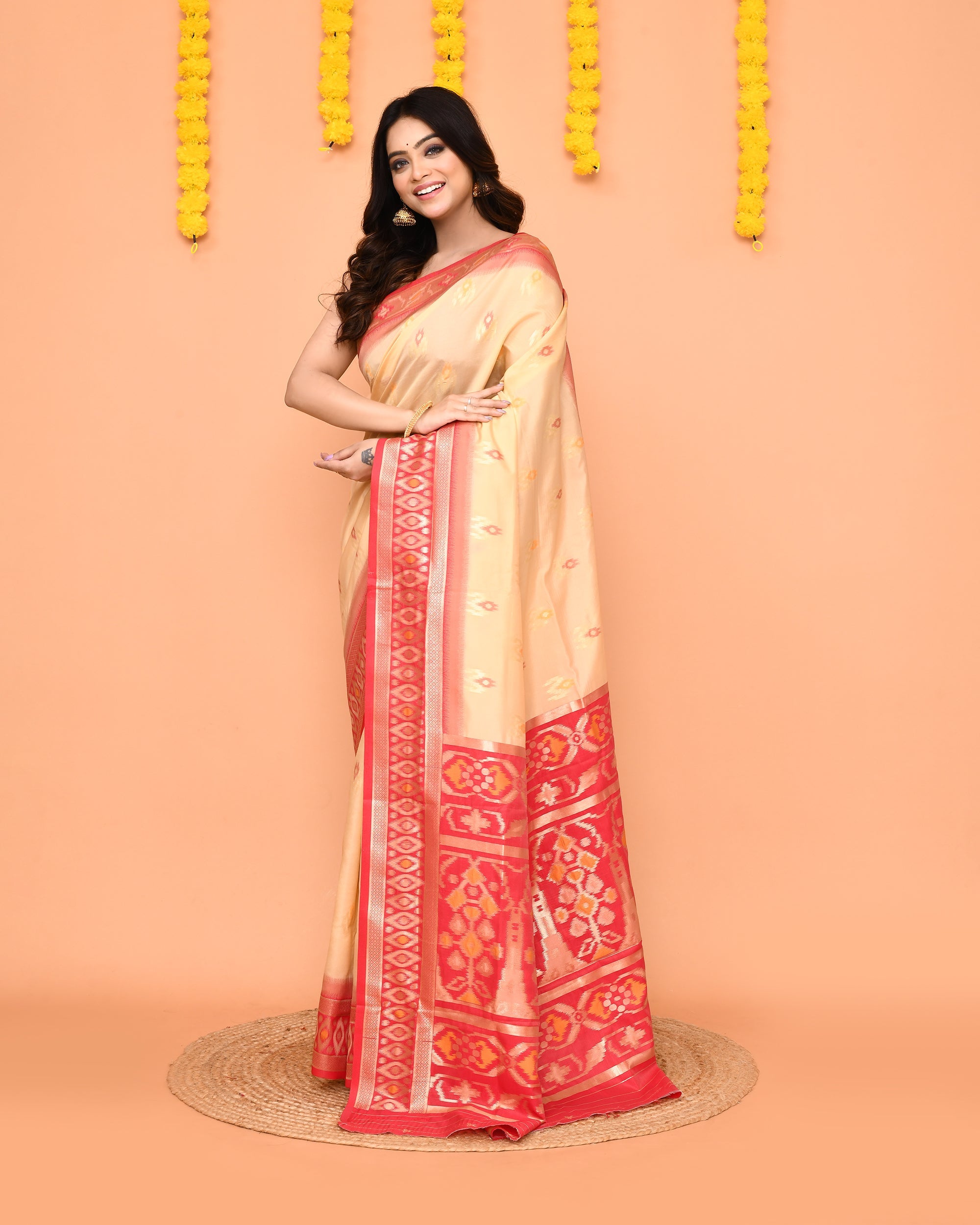 Beige Bangalore Silk Saree with Traditional Zari Border