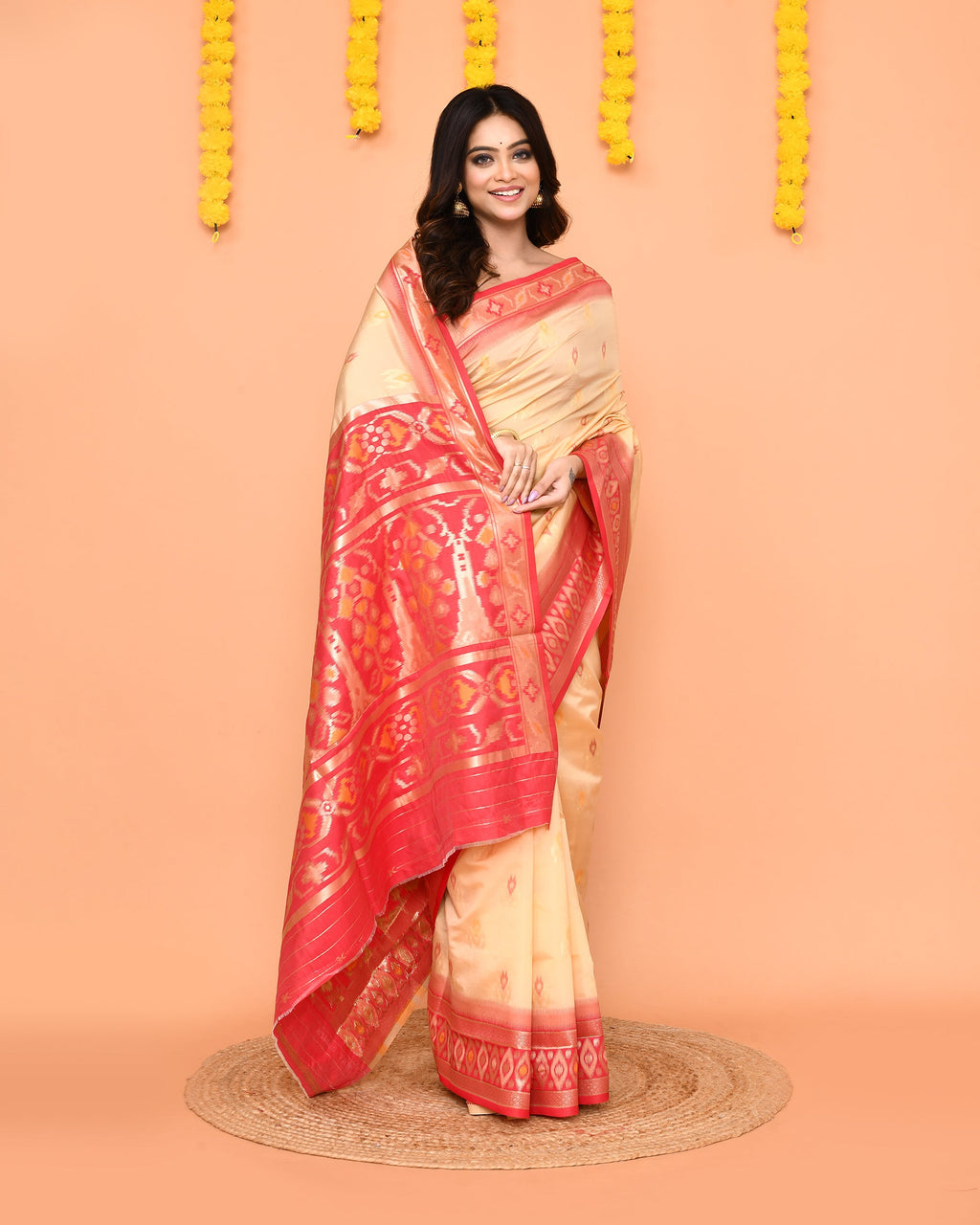 Beige Bangalore Silk Saree with Traditional Zari Border