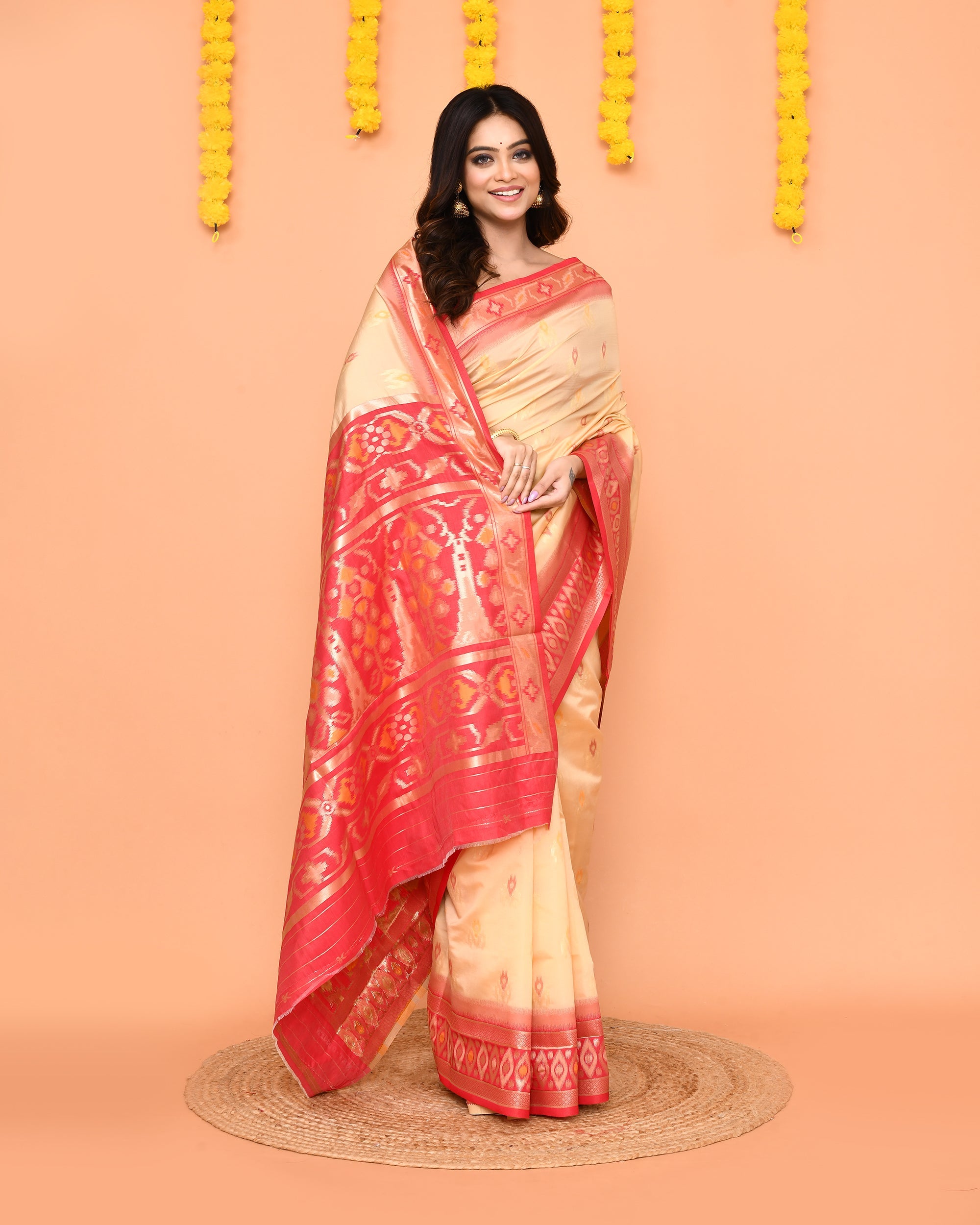 Beige Bangalore Silk Saree with Traditional Zari Border