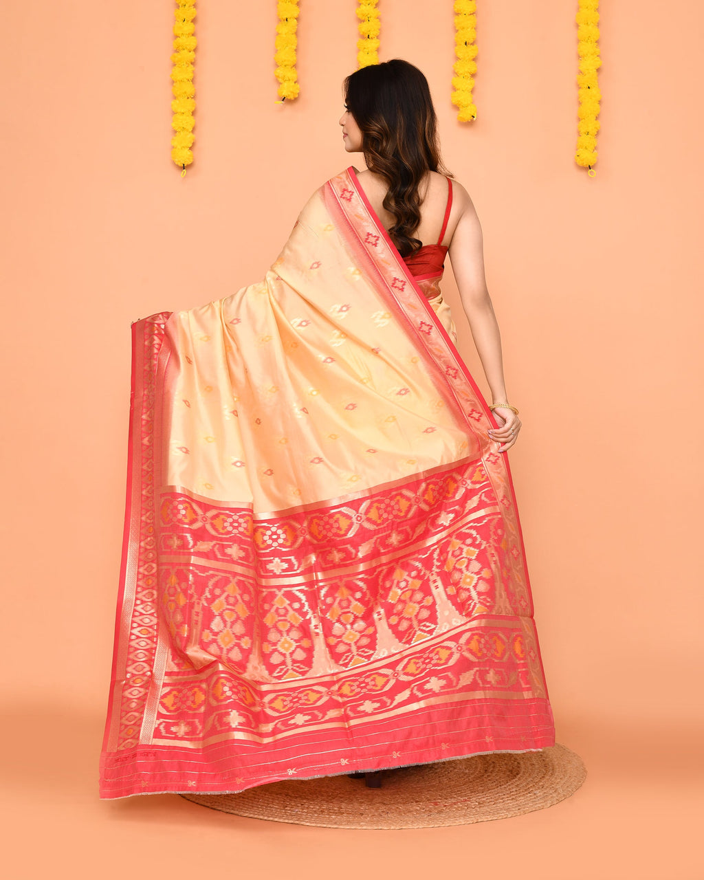 Beige Bangalore Silk Saree with Traditional Zari Border