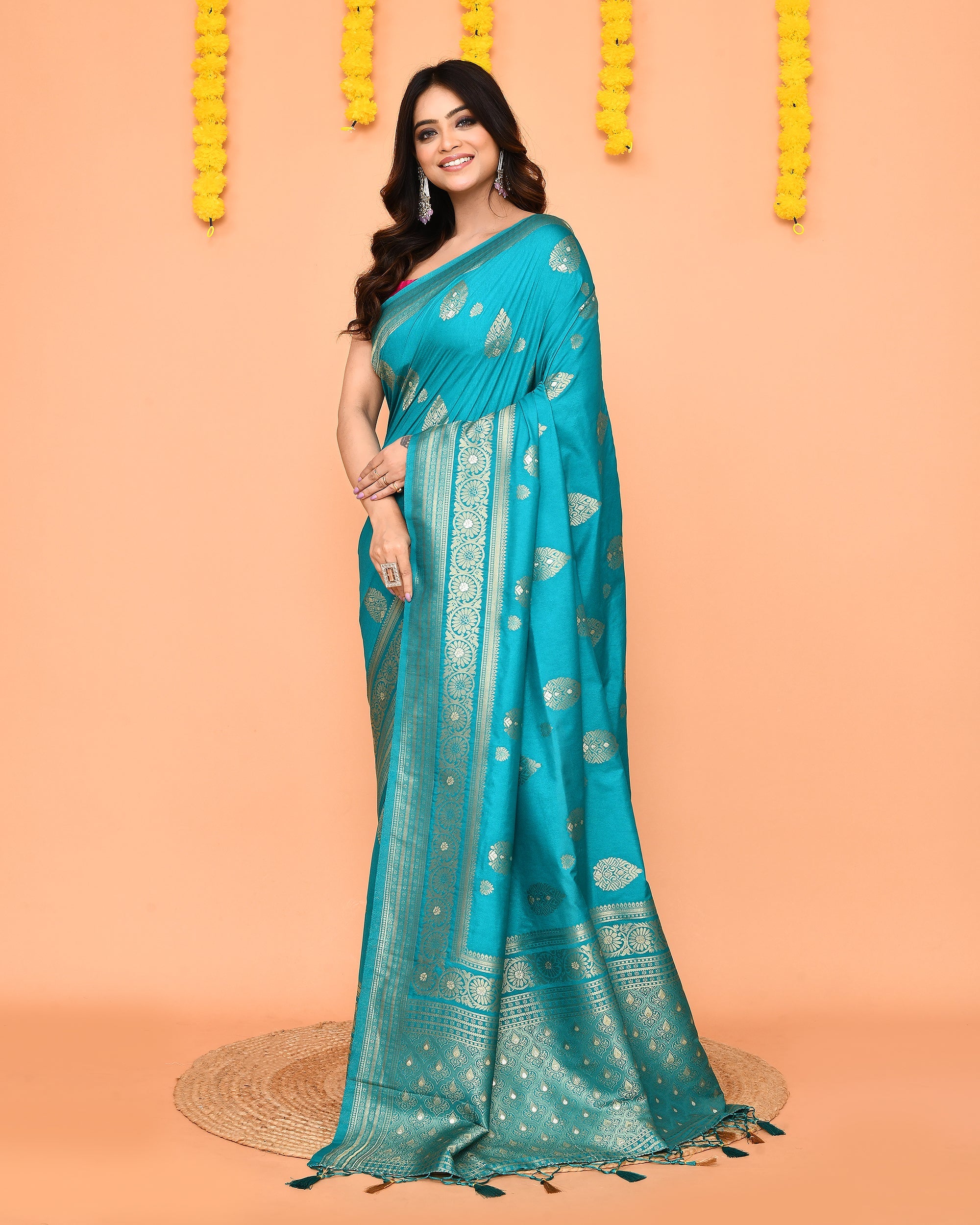 Turquoise Bangalore Silk Jamdani Saree with Zari Border