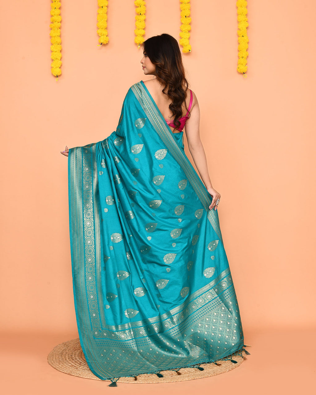 Turquoise Bangalore Silk Jamdani Saree with Zari Border