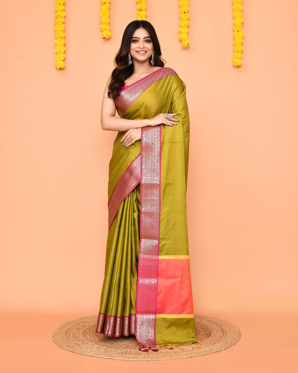 Olive Bangalore Silk Saree with intricate gold Zari border