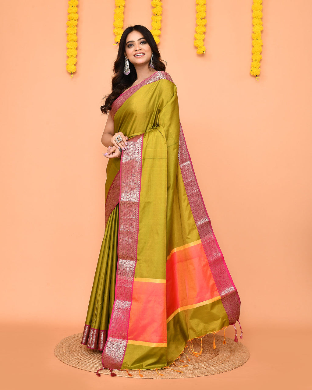Olive Bangalore Silk Saree with Zari Border - Traditional Handloom