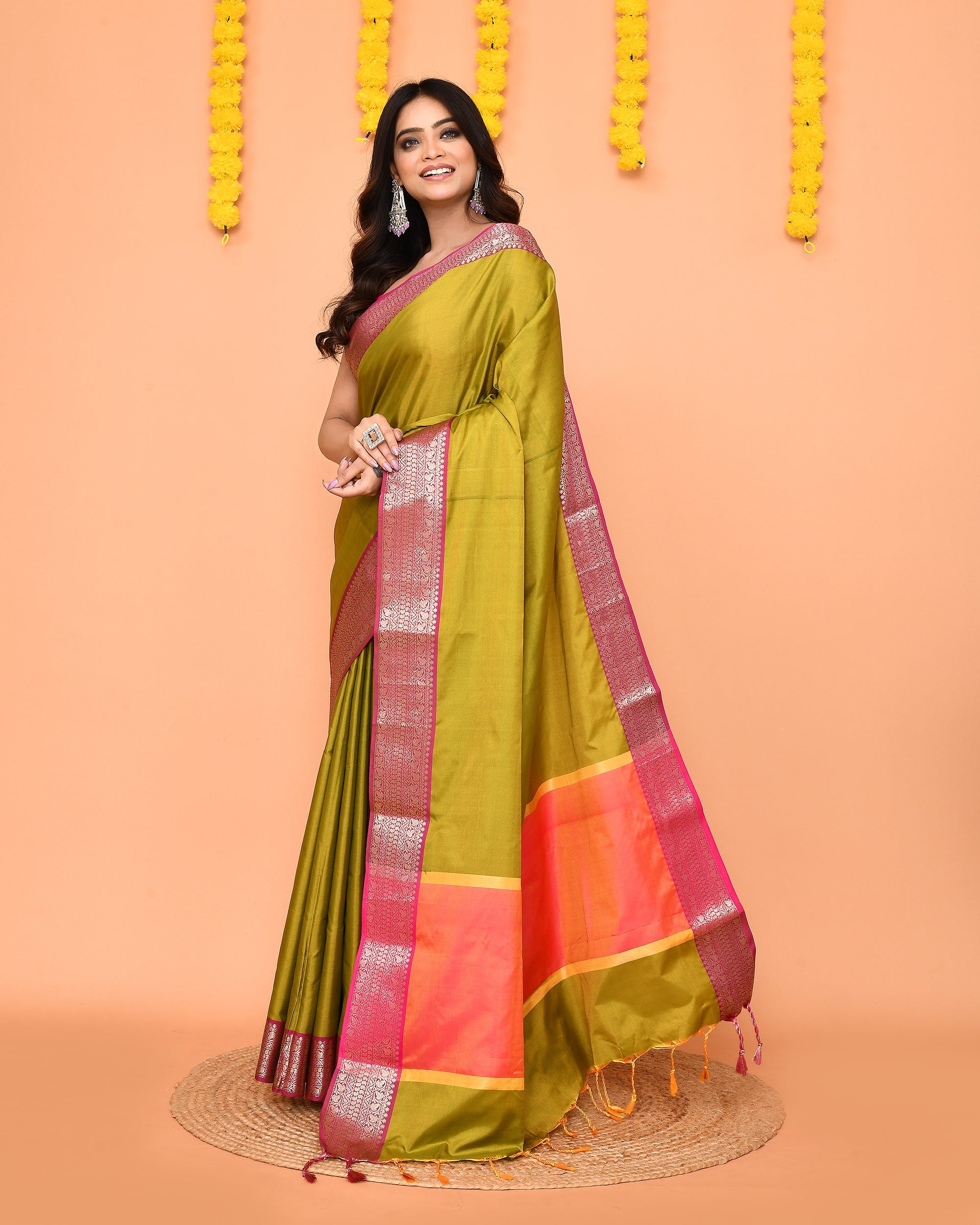 Olive Bangalore Silk Saree with Zari Border - Traditional Handloom