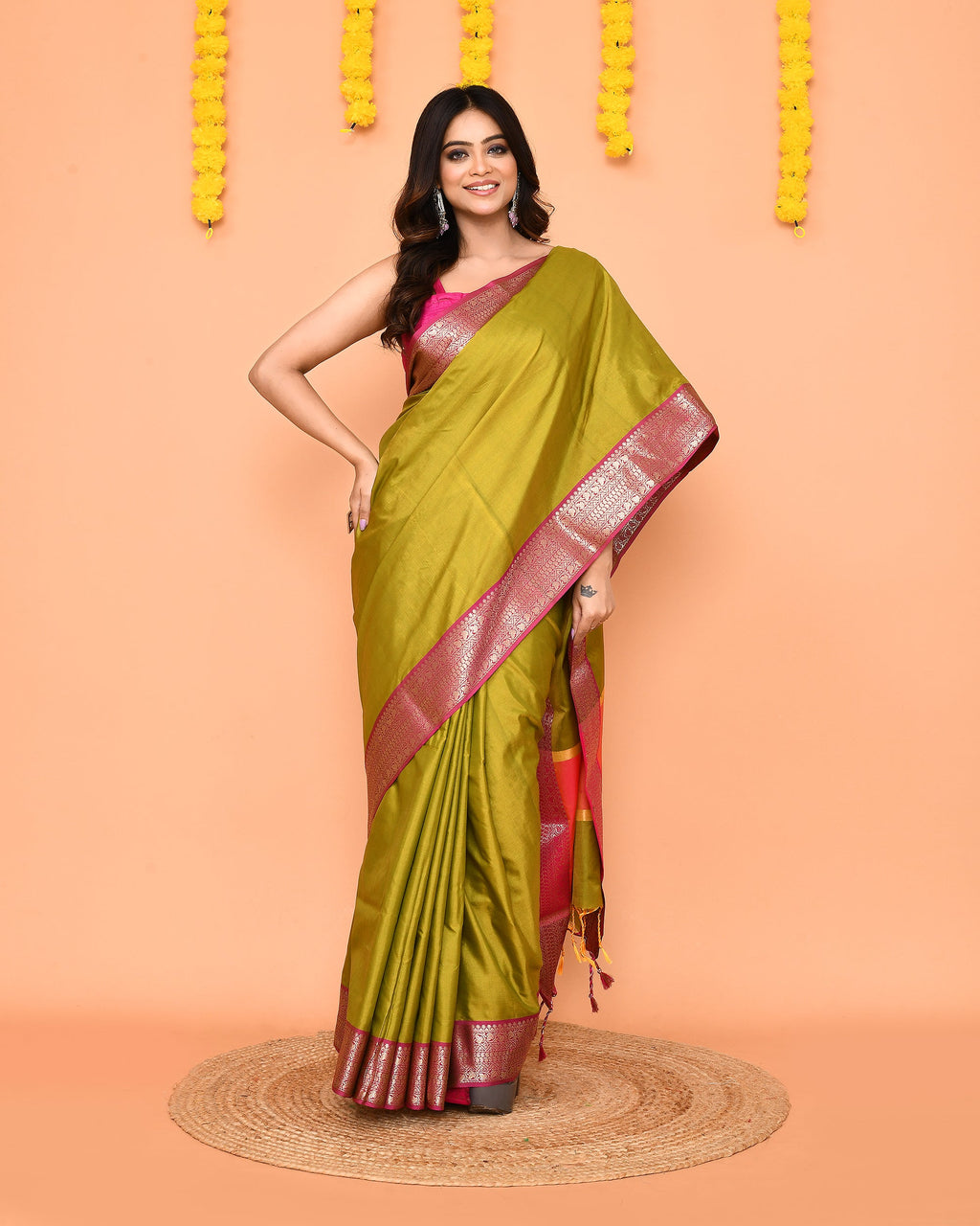 Olive Bangalore Silk Saree with Zari Border - Traditional Handloom