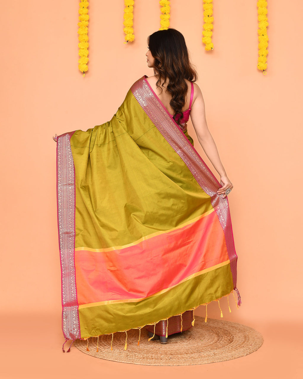 Olive Bangalore Silk Saree with Zari Border - Traditional Handloom
