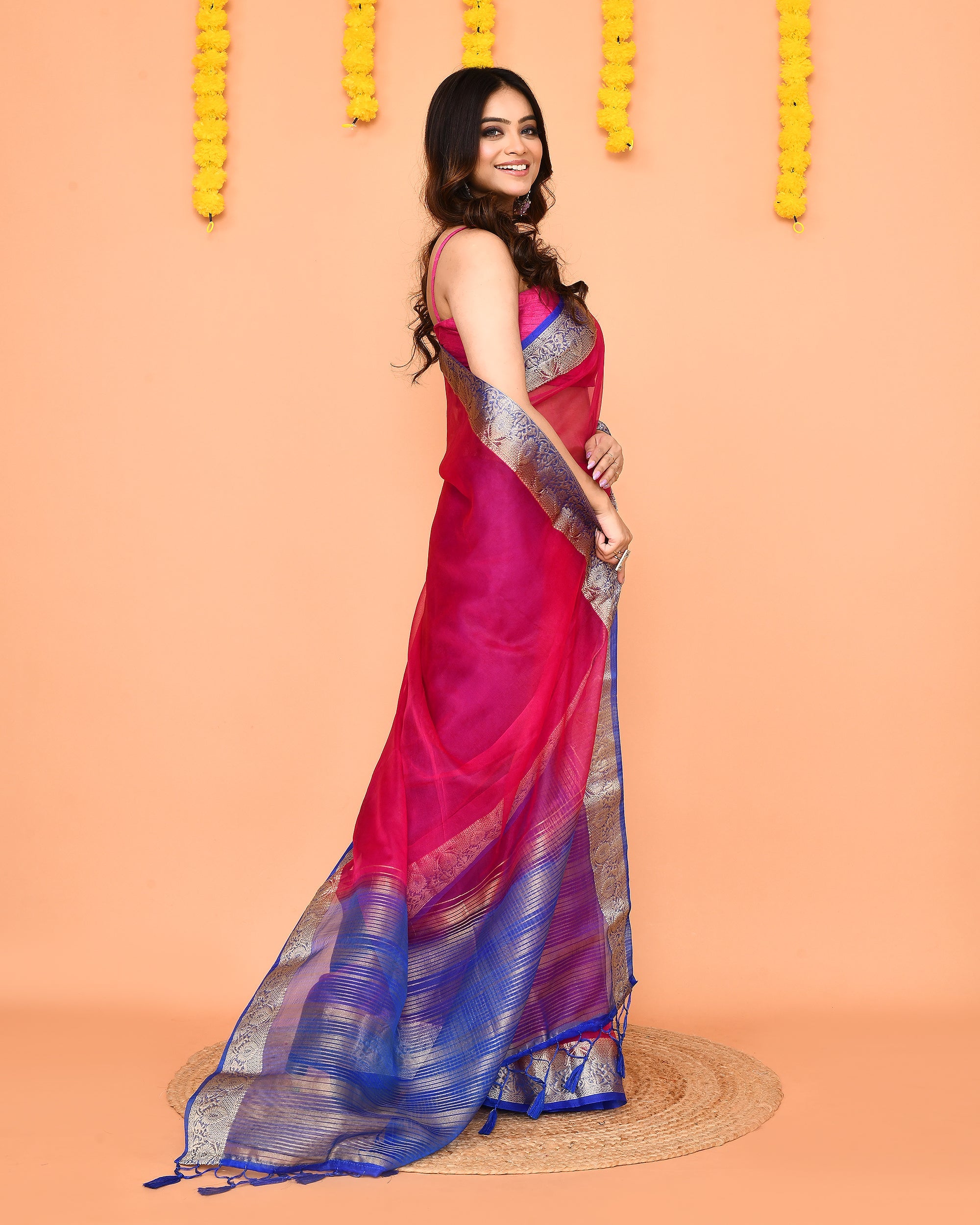 Piyari Fashion Women's Rani Pink Organza Silk Saree With Zari Border